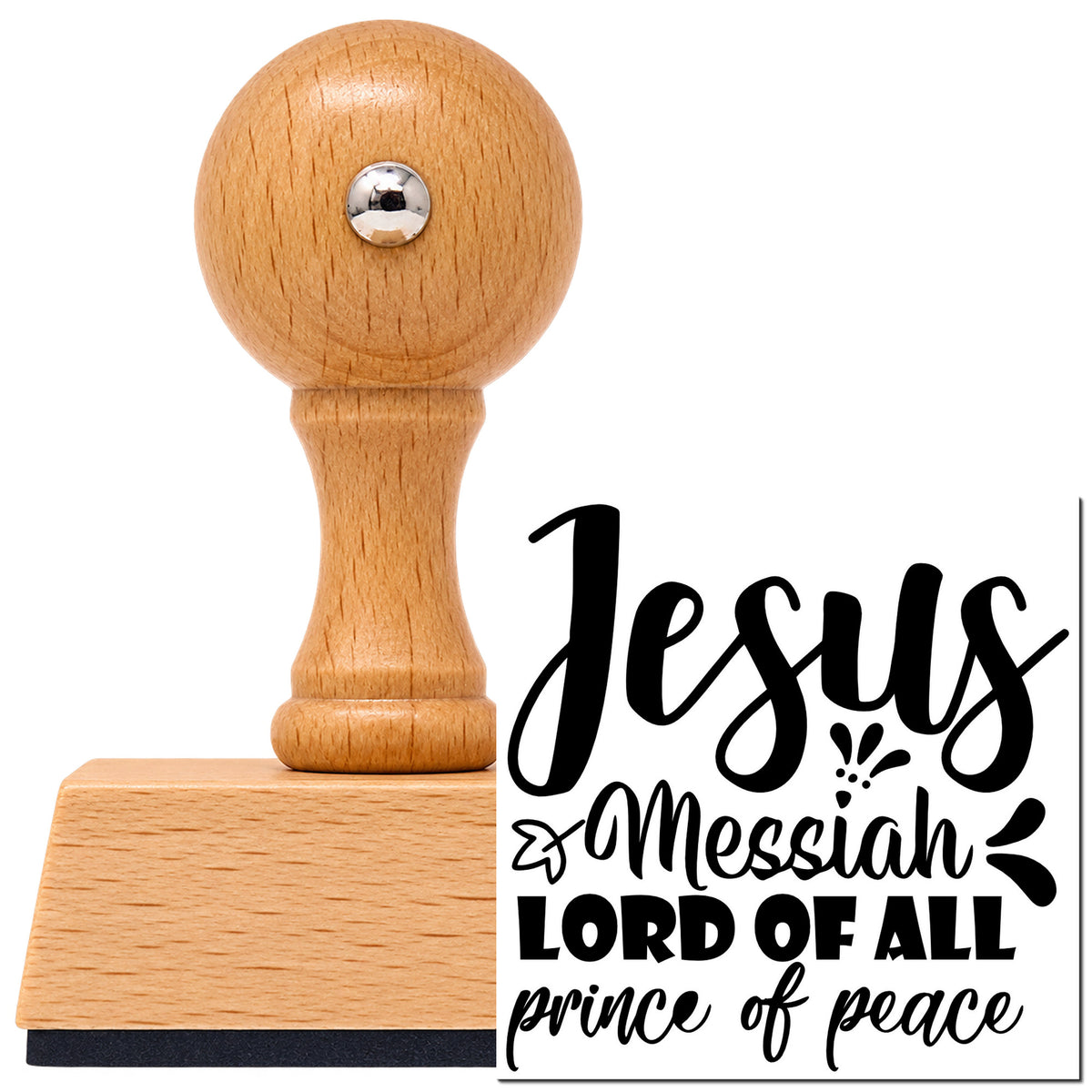Vintage Pro beech wood stamp with a round knob handle, shown with its black Jesus Messiah Prince Peace imprint on white.