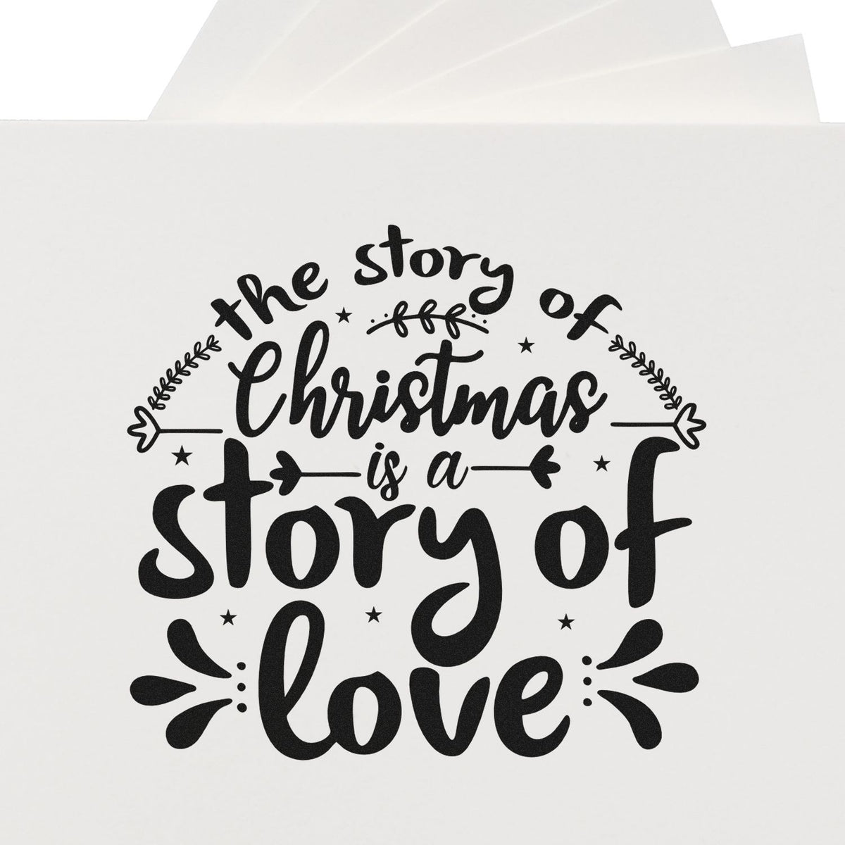 Black Christmas stamp seal with hand-lettered quote, the story of Christmas is a story of love, on white.