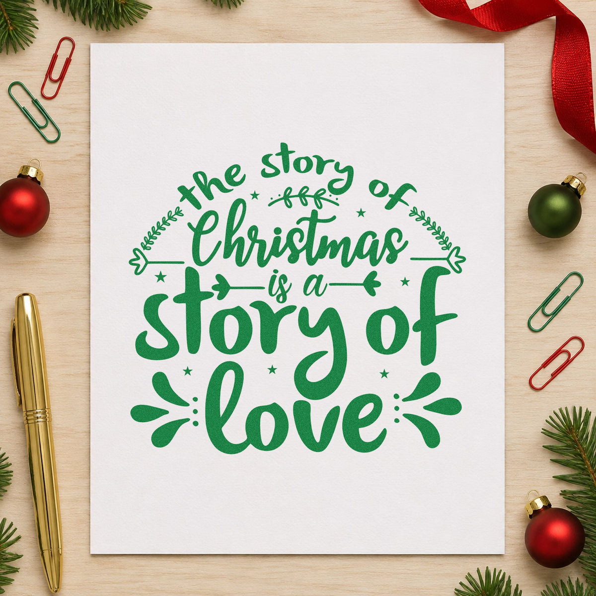 Christmas Story Of Love craft stamp imprint in green ink on a handmade project, one idea being storybook gift tags.