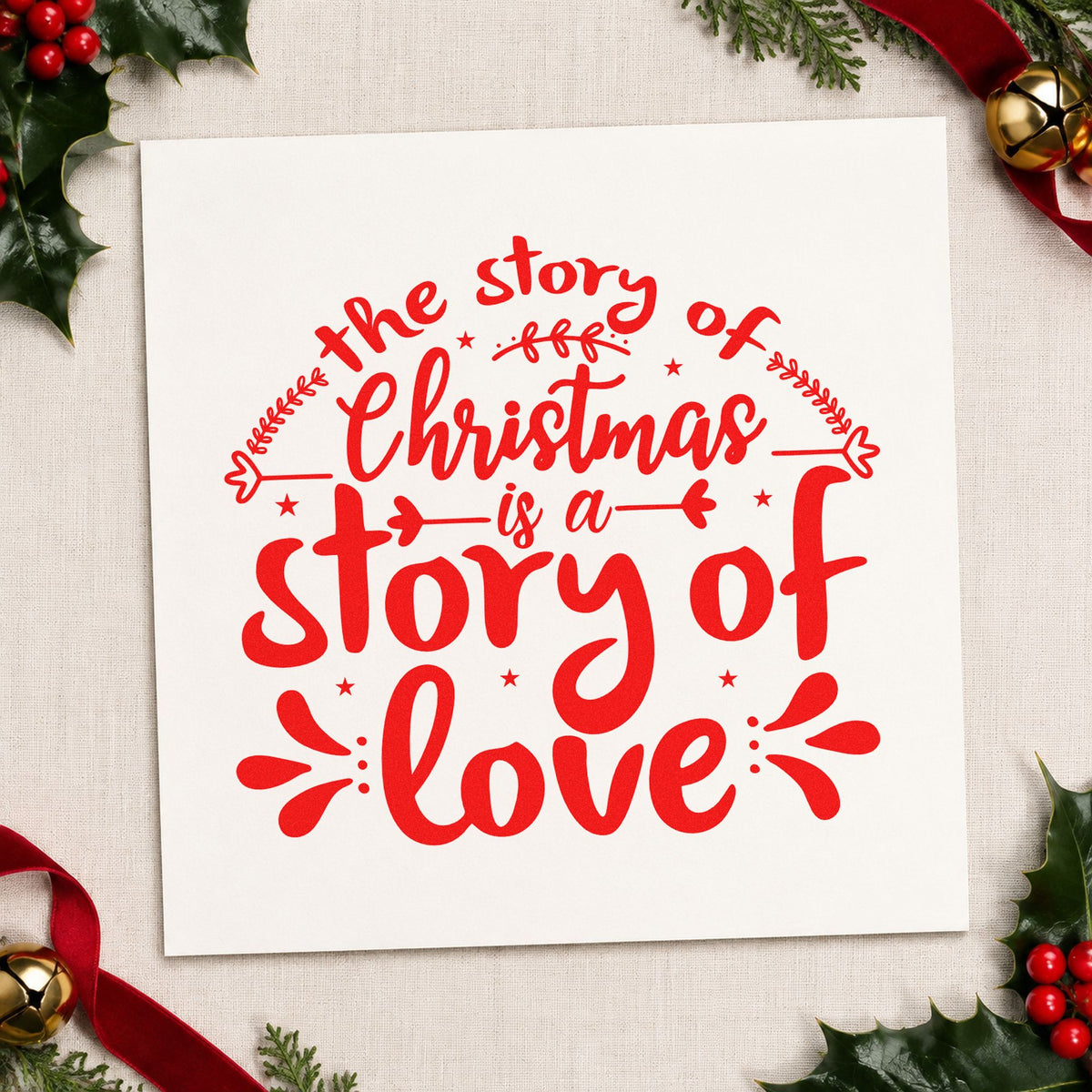 Christmas Story Of Love craft stamp in red ink on cardstock, an easy option for reading chair ink.
