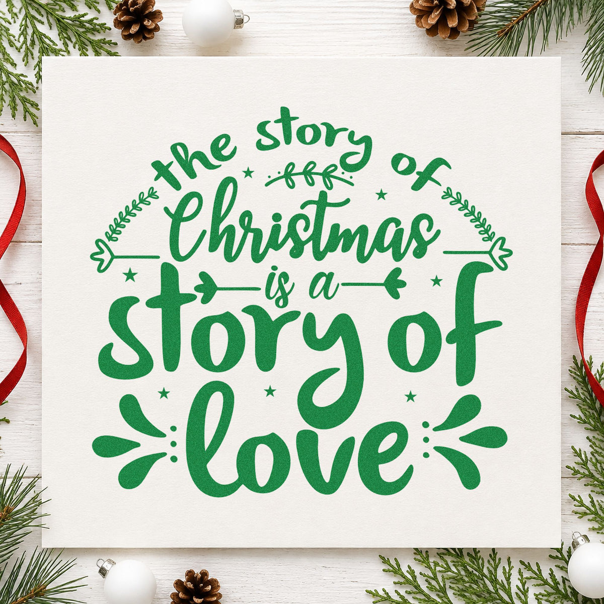 Christmas Story Of Love craft stamp imprint in green ink on a handmade project, one idea being library hour placards.