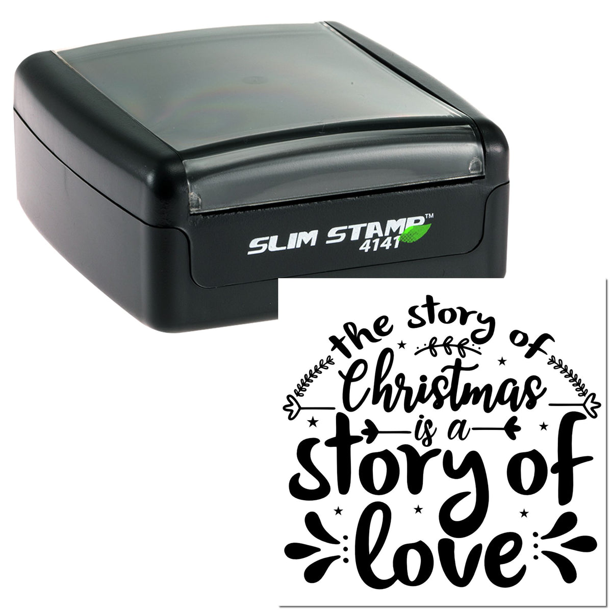 Black Slim Stamp 4141 self-inking stamp with white Christmas quote seal reading the story of Christmas is a story of love.