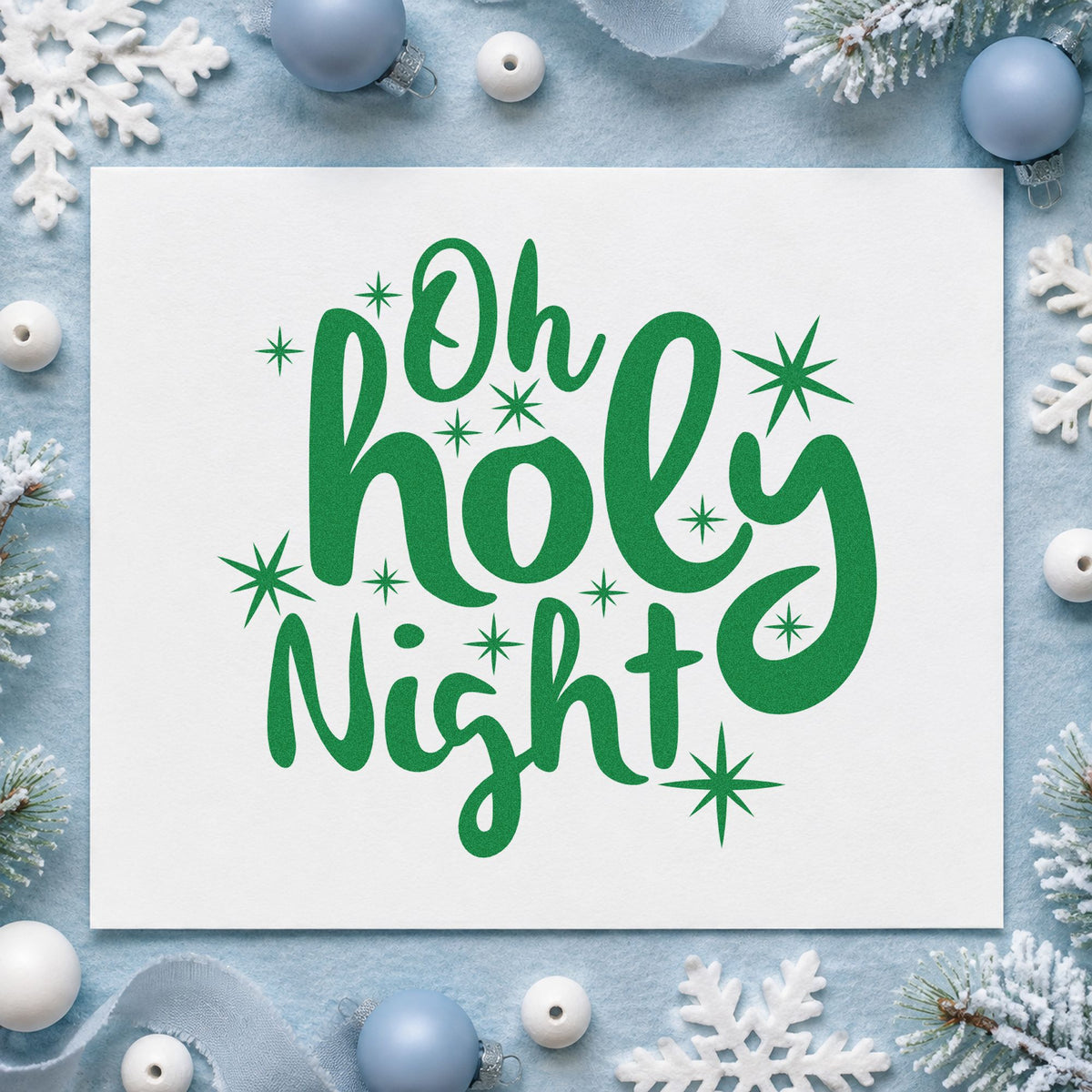 Oh Holy Night Starbursts craft stamp imprint in green ink on a handmade project, one idea being retreat gift tags.