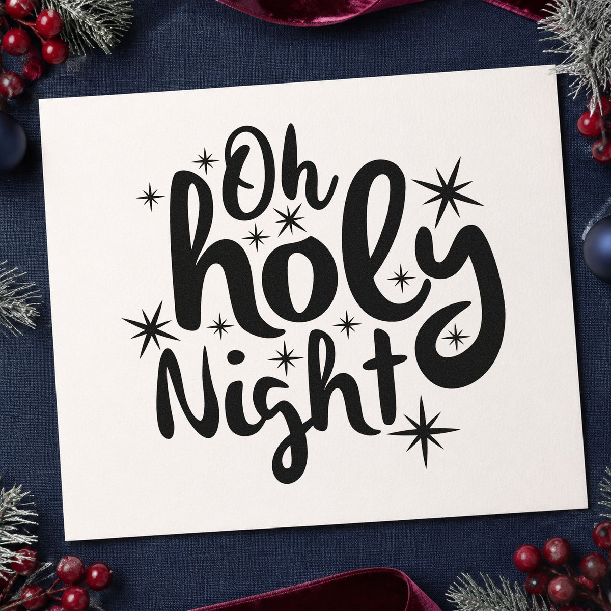 Oh Holy Night Starbursts rubber stamp printed in black ink, ready for rounded thick cards and similar paper crafts.