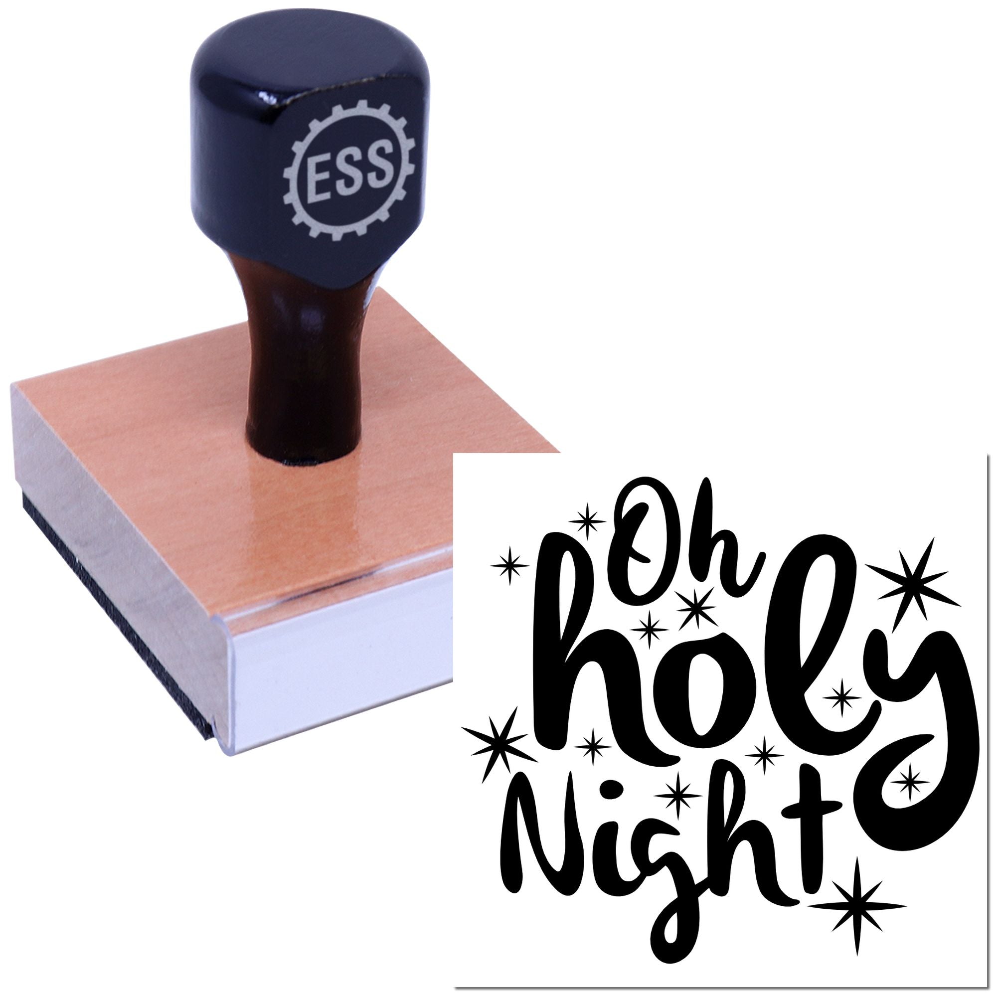 Black ESS stamp handle on peach sealing block, with black Oh Holy Night seal and star accents.