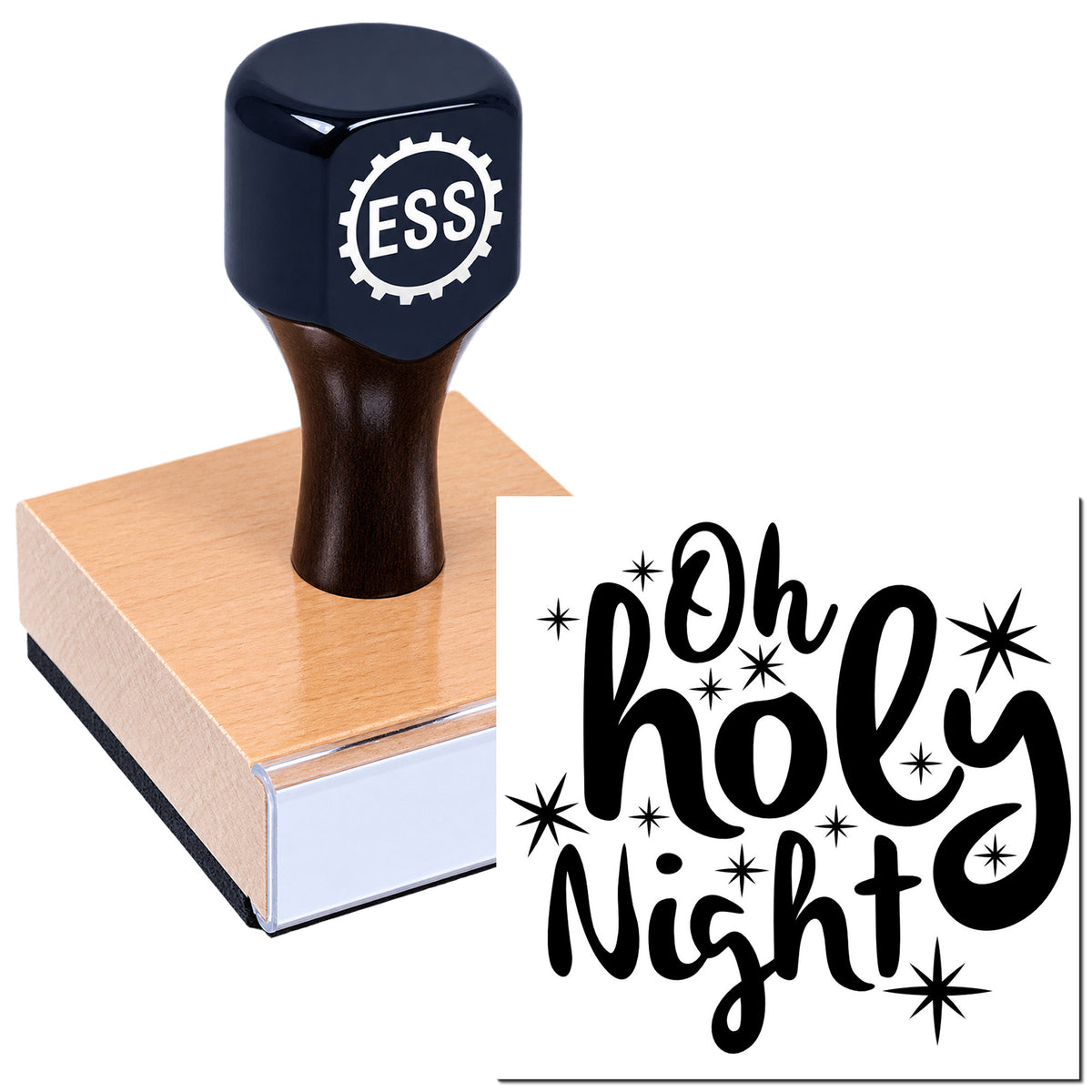 Black ESS stamp handle on peach sealing block, with black "Oh Holy Night" seal and star accents.