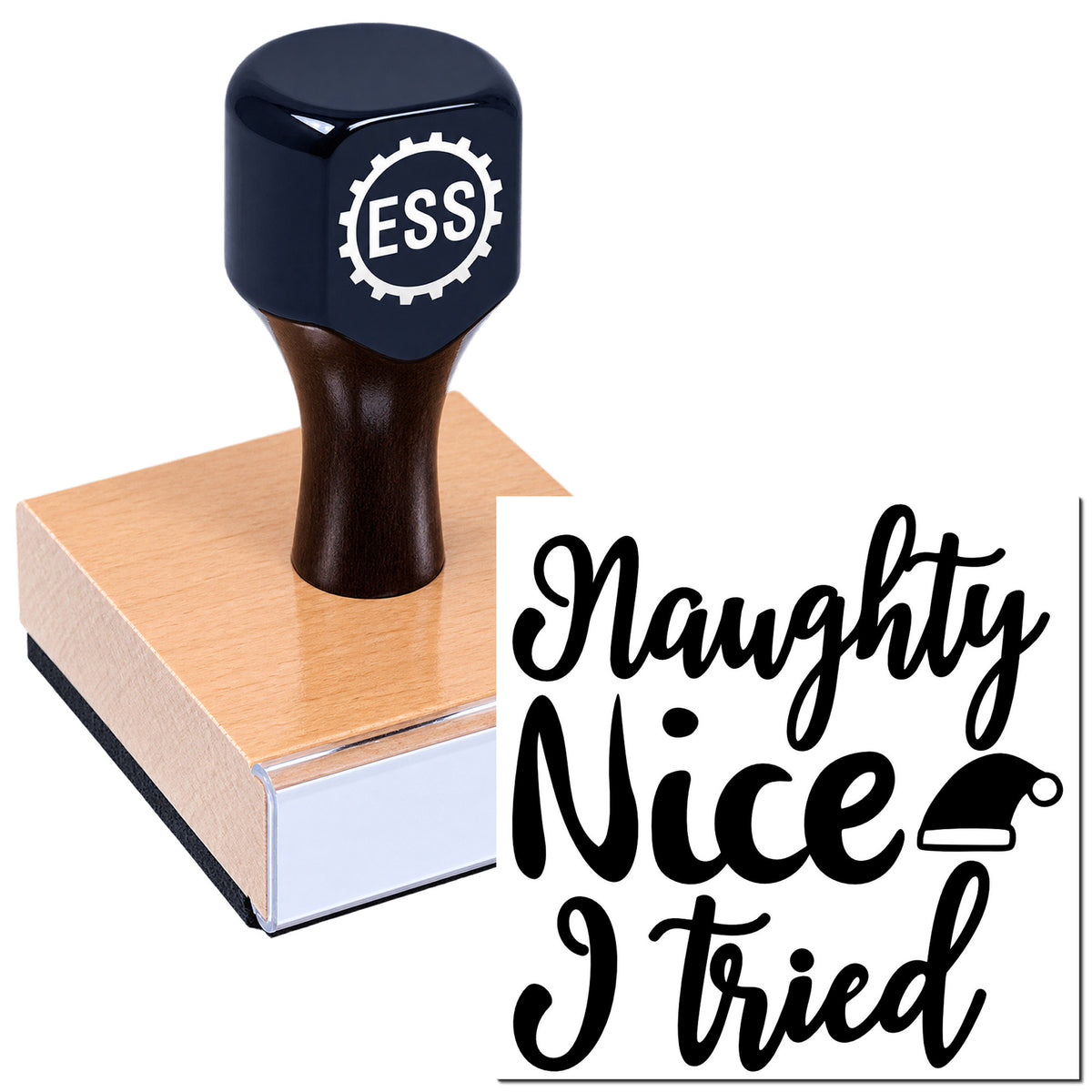 Black ESS rubber stamp on copper seal block with "Naughty Nice I Tried" lettering.