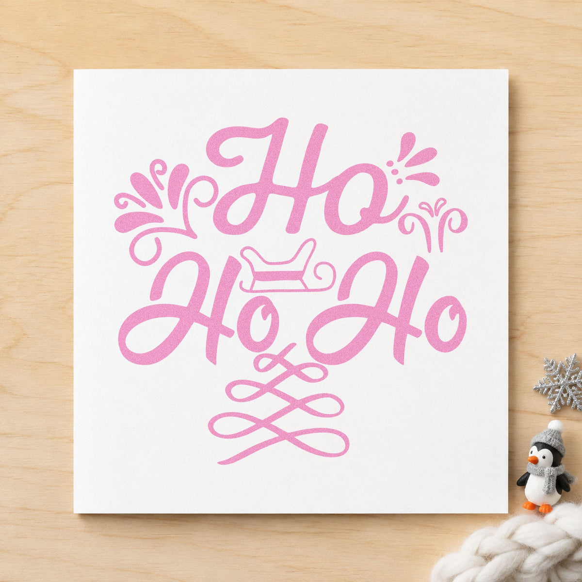 Ho Ho Ho Sleigh craft stamp in purple ink on cardstock, an easy option for mantel style album.