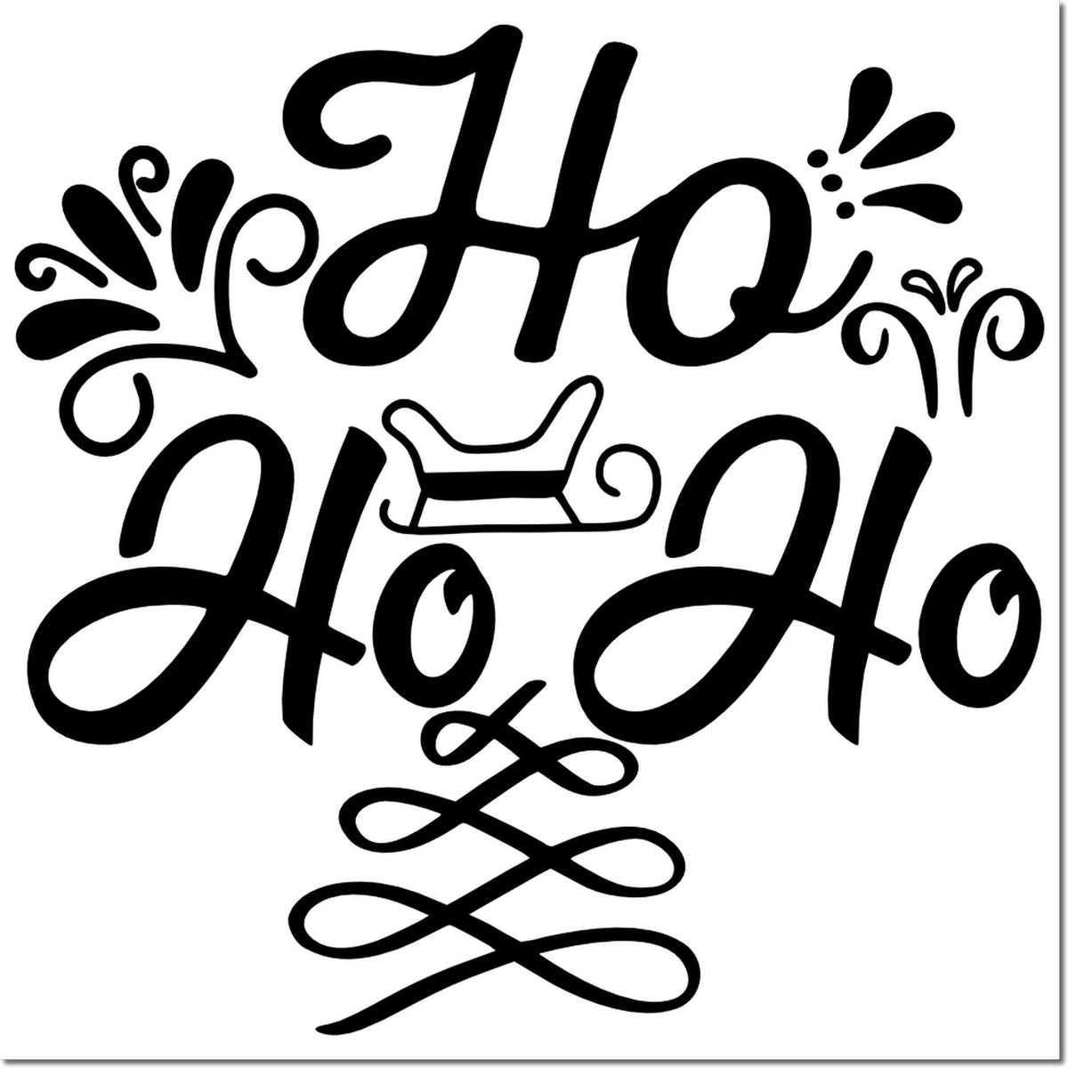 Black festive stamp and seal design with Ho Ho, swirls, and a sleigh icon on a white background.
