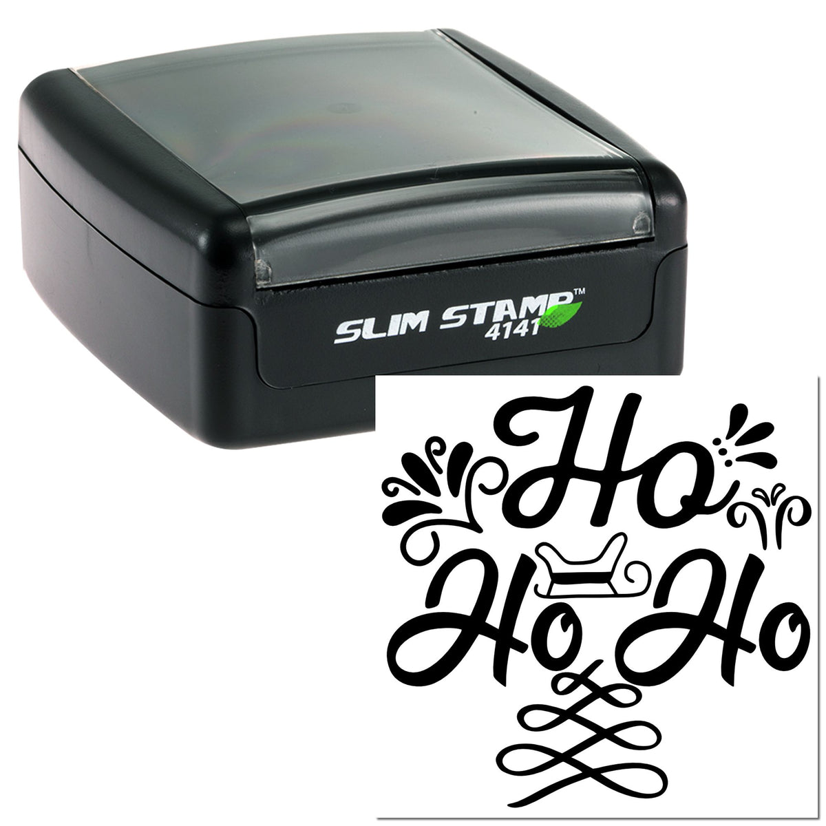Black Slim Stamp 4141 self-inking stamp with translucent gray top and decorative black Ho Ho Ho seal on white.