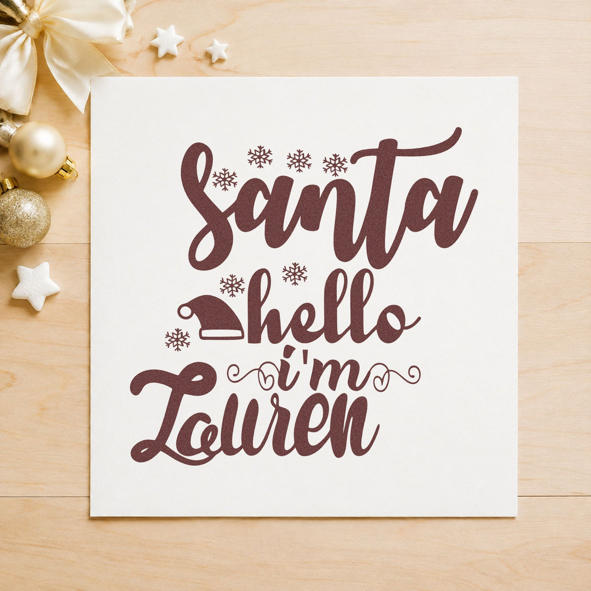 Santa Hello I'm Lauren rubber stamp printed in brown ink, ready for letter draft sheet and similar paper crafts.