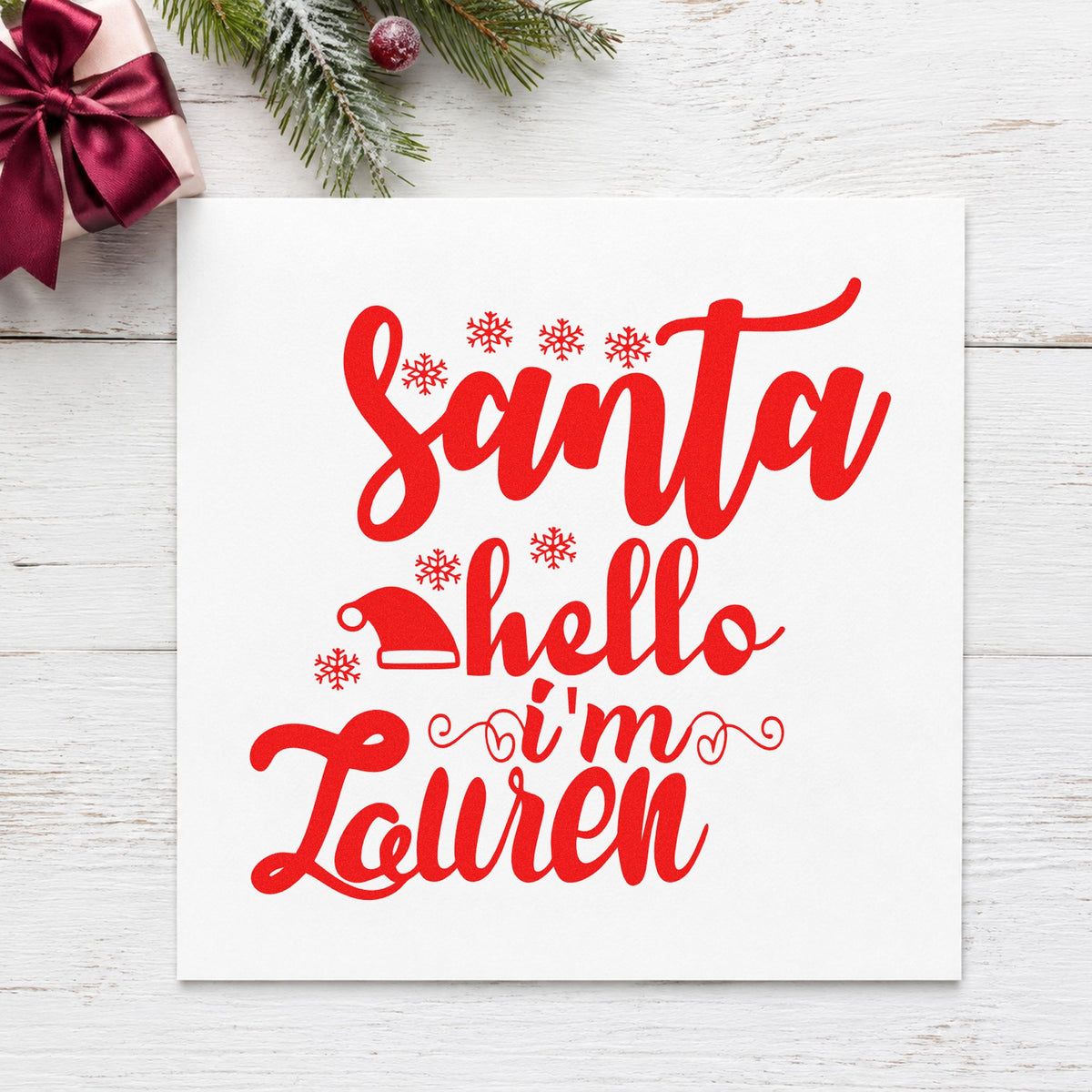 Santa Hello I'm Lauren craft stamp in red ink on cardstock, an easy option for bib panel printing.
