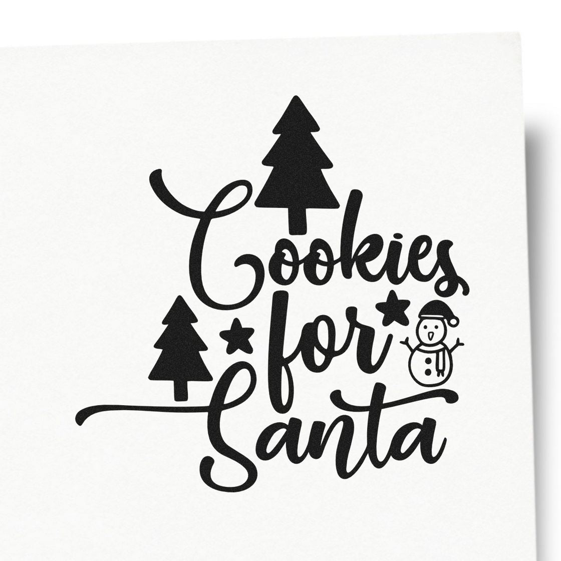 Black holiday stamp and seal design reading Cookies for Santa, with pine trees, stars, and a snowman on white background.