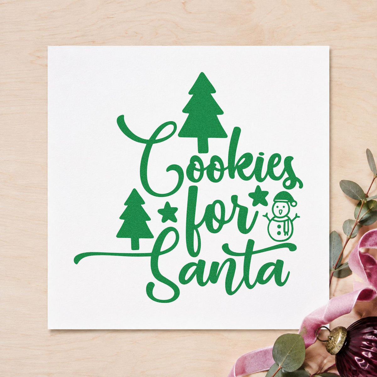 Cookies For Santa Trees craft stamp imprint in green ink on a handmade project, one idea being take home bag tags.