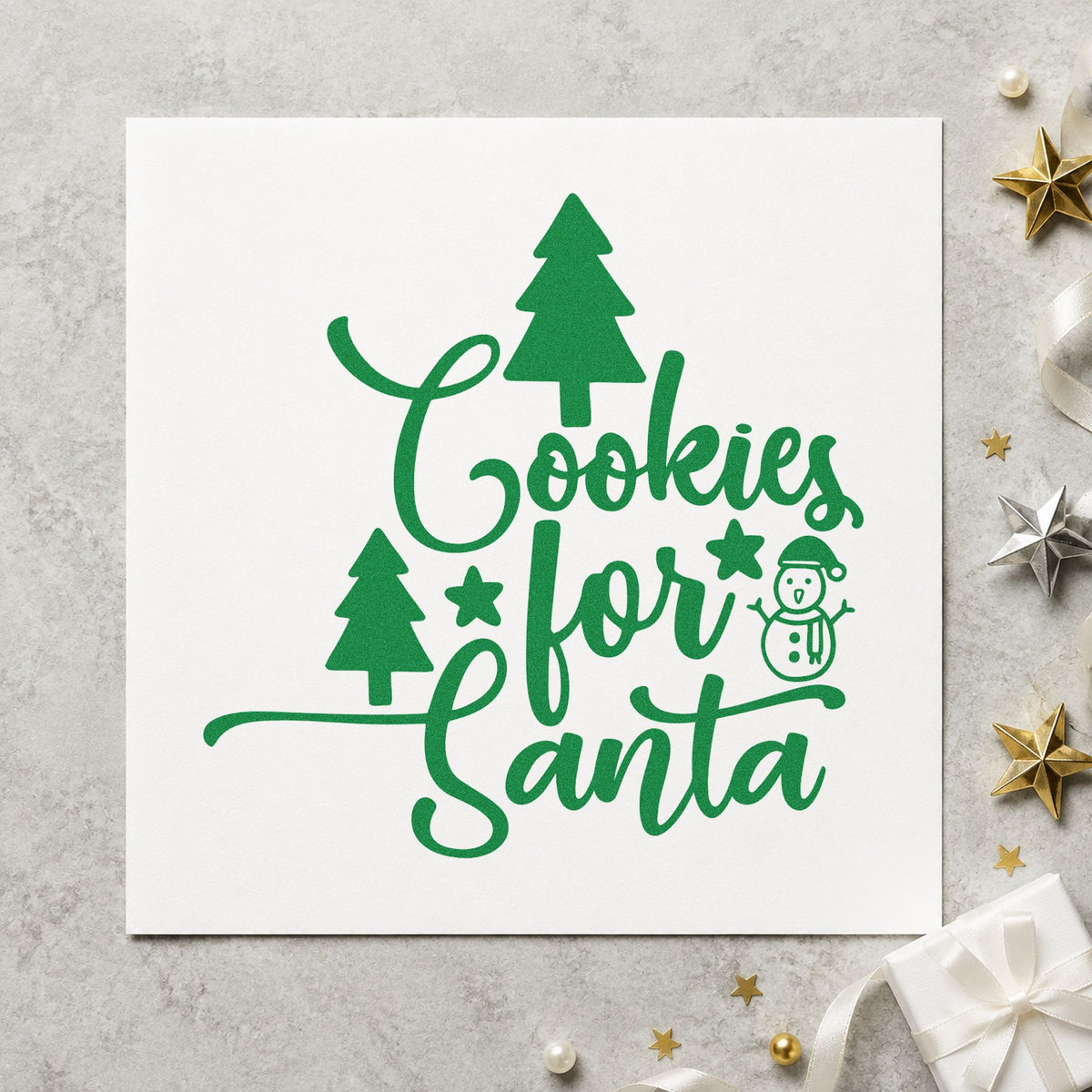 Cookies For Santa Trees craft stamp imprinted in green ink on paper, a design suited to framed circle time rug.