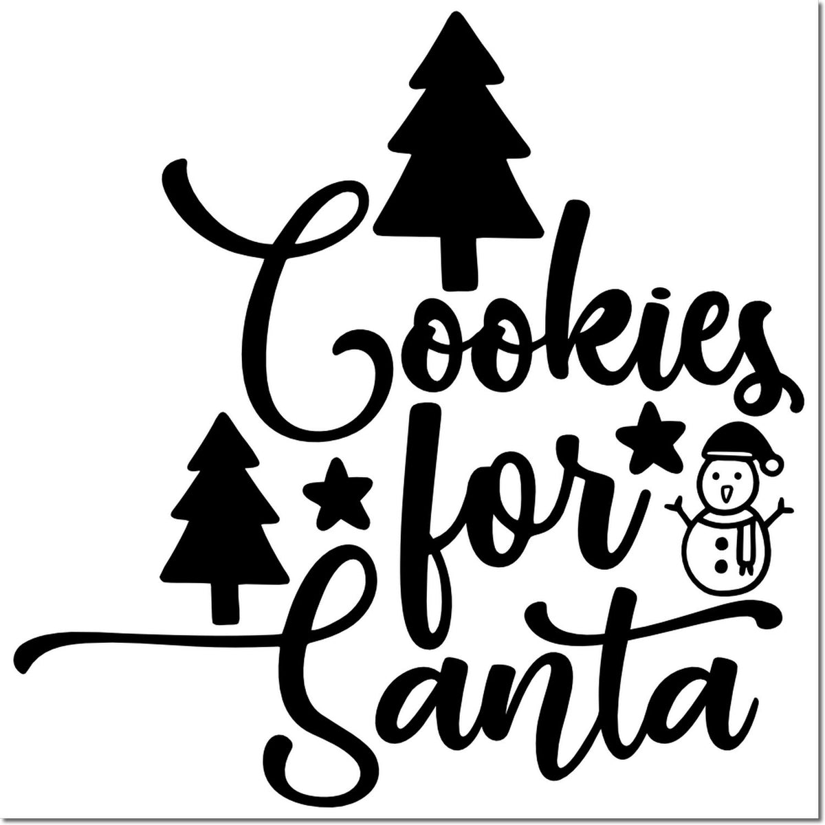 Black Christmas cookie stamp and seal design with Cookies for Santa text, pine trees, stars, and a snowman.
