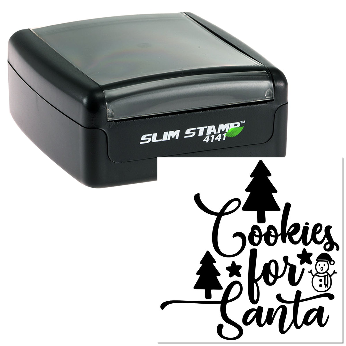 Black Slim Stamp 4141 self-inking stamp with Christmas seal design reading Cookies for Santa, plus trees, stars, and snowman.