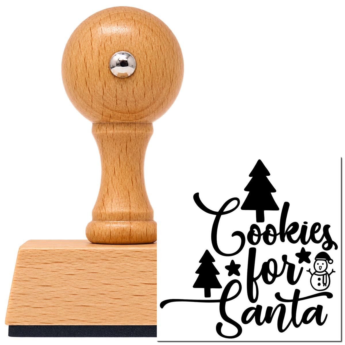 Vintage Pro beech wood stamp with a round knob handle, shown with its black Cookies For Santa Trees imprint on white.