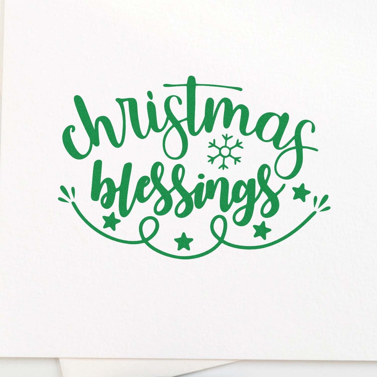Green Christmas blessings stamp seal with snowflake, stars, and swirls on a white background.
