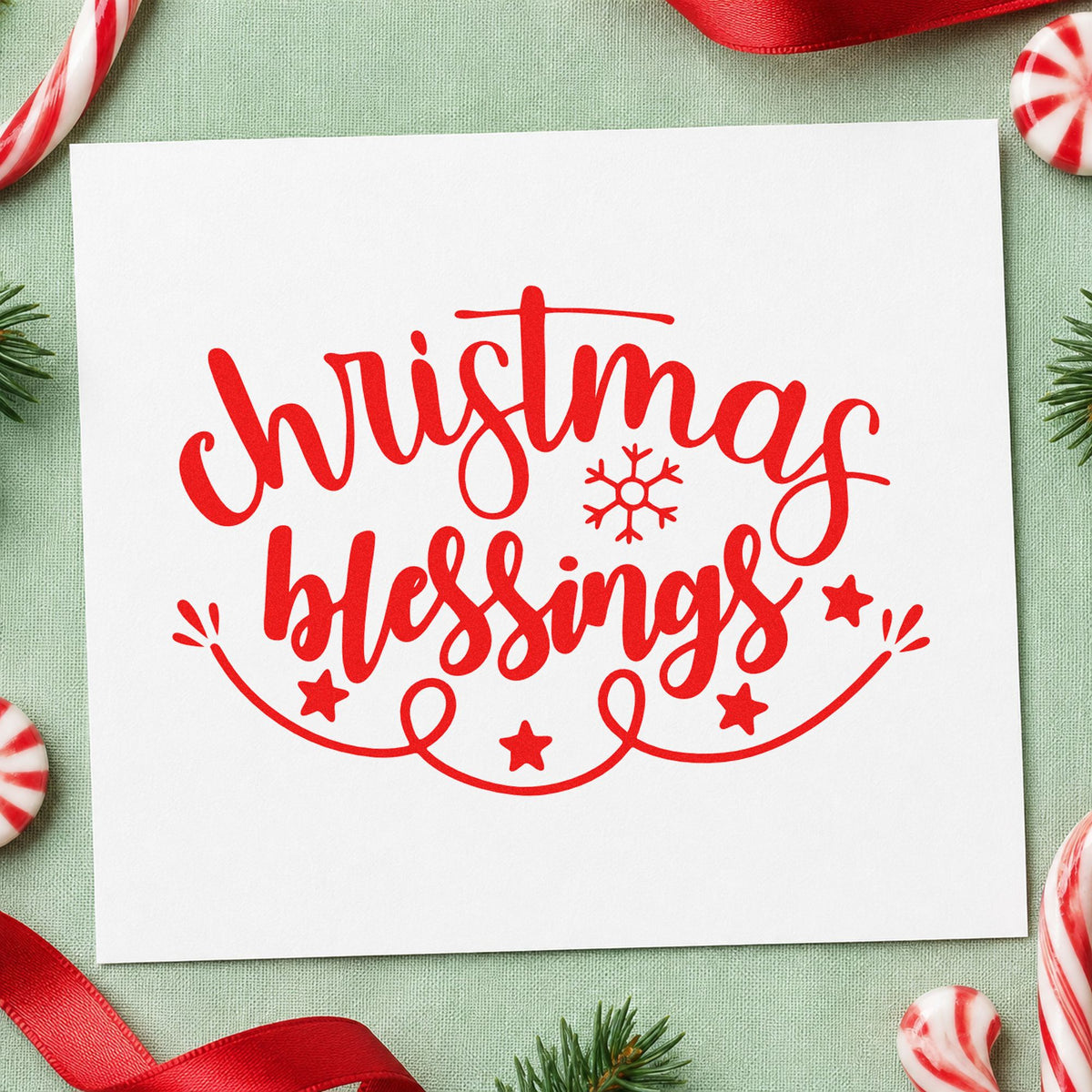 Christmas Blessings Snowflake rubber stamp shown in red ink, stamped for projects such as newsletter bin labels.