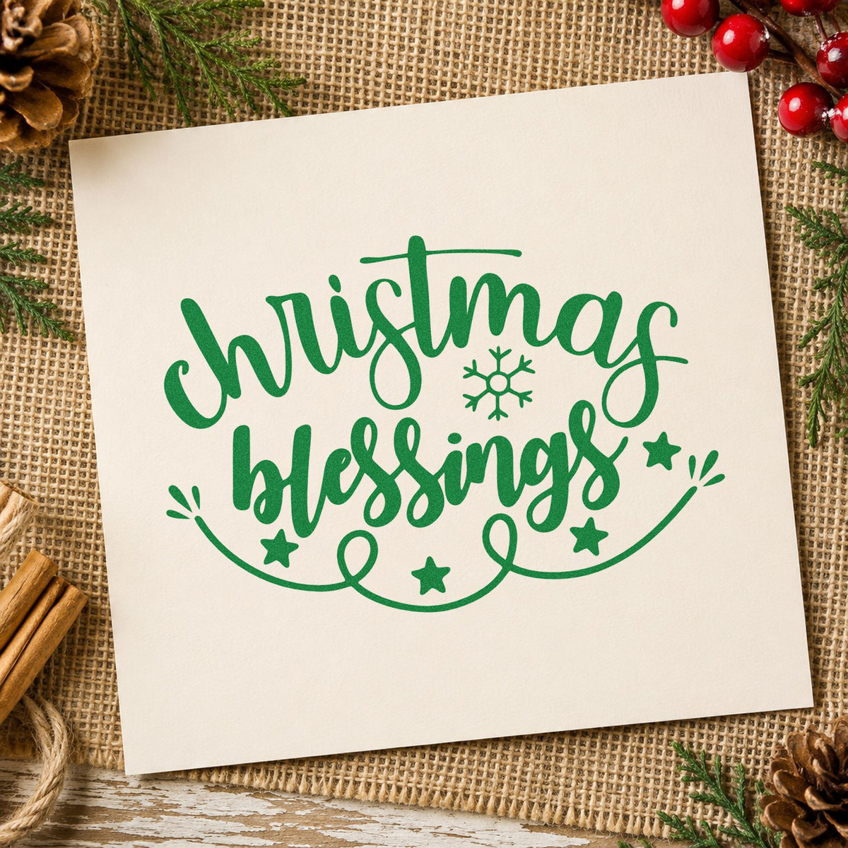 Christmas Blessings Snowflake craft stamp imprint in green ink on a handmade project, one idea being season greeting cards.