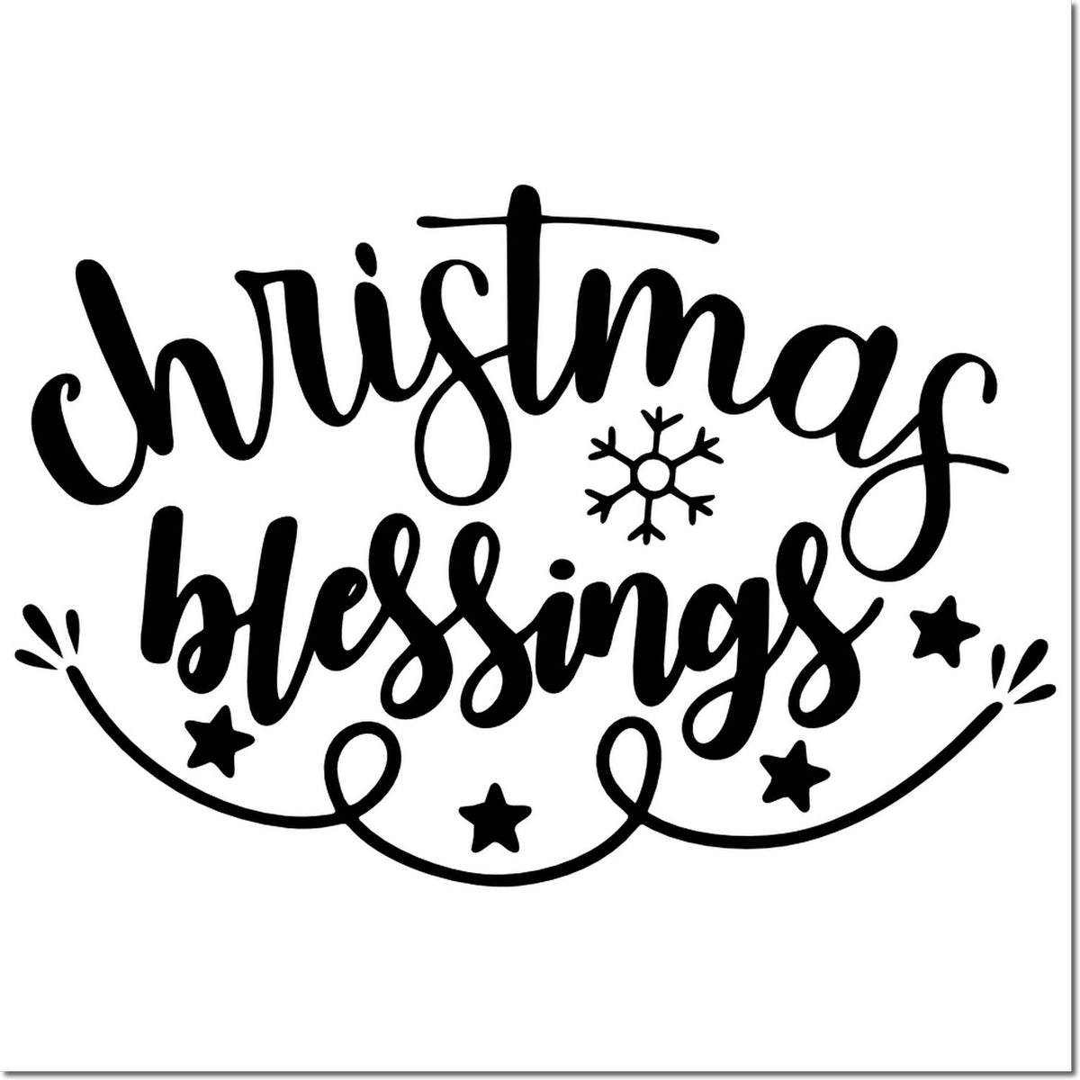 Black Christmas blessings rubber stamp design with snowflake, stars and decorative swirls on a white background.