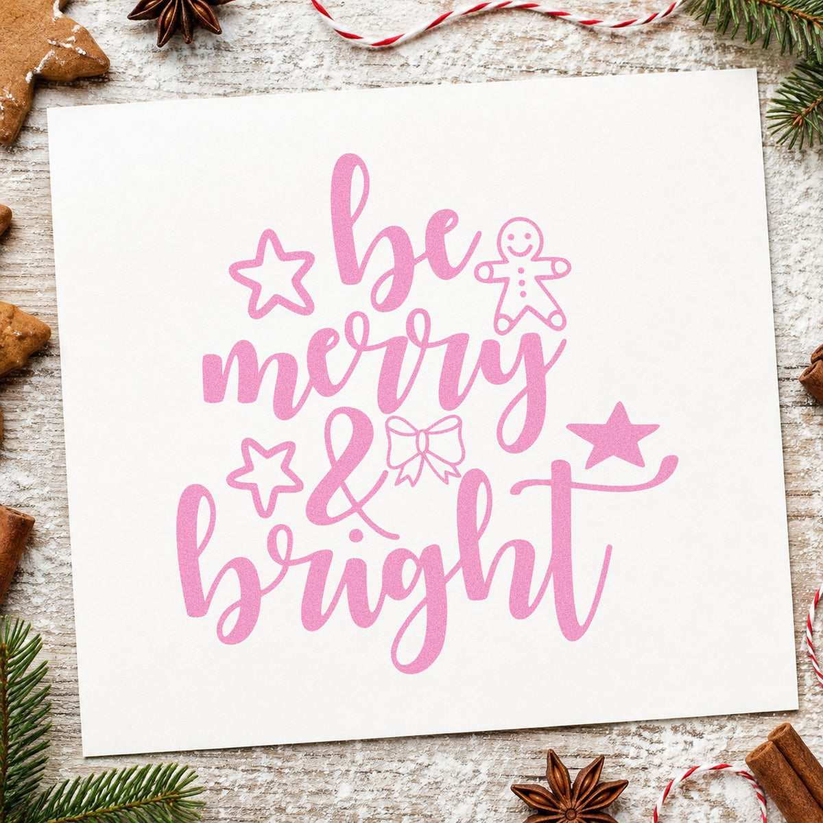 Be Merry And Bright Gingerbread craft stamp in purple ink on cardstock, an easy option for house build album.
