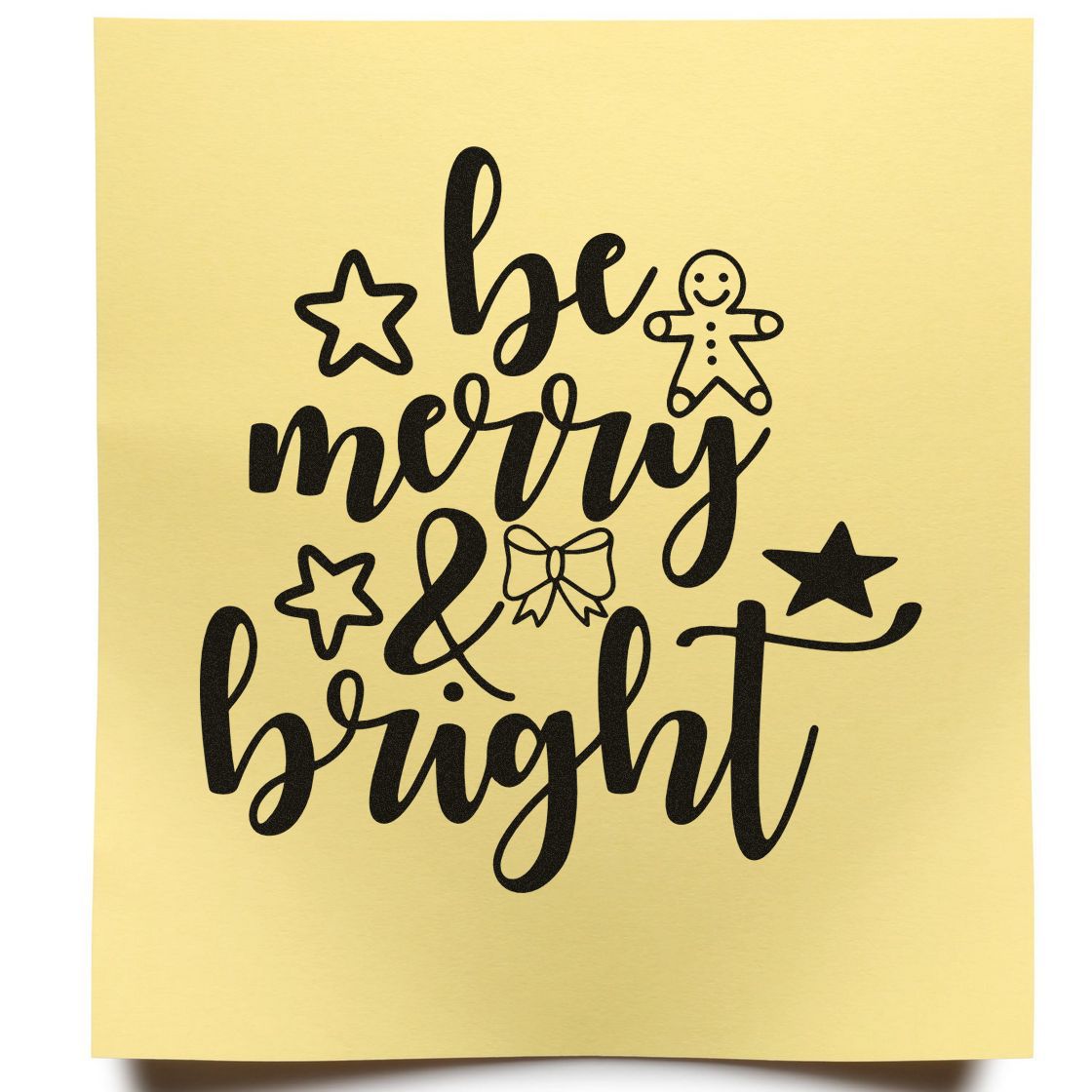 Black be merry & bright holiday stamp and seal design with stars, gingerbread figure and bow on pale yellow background.