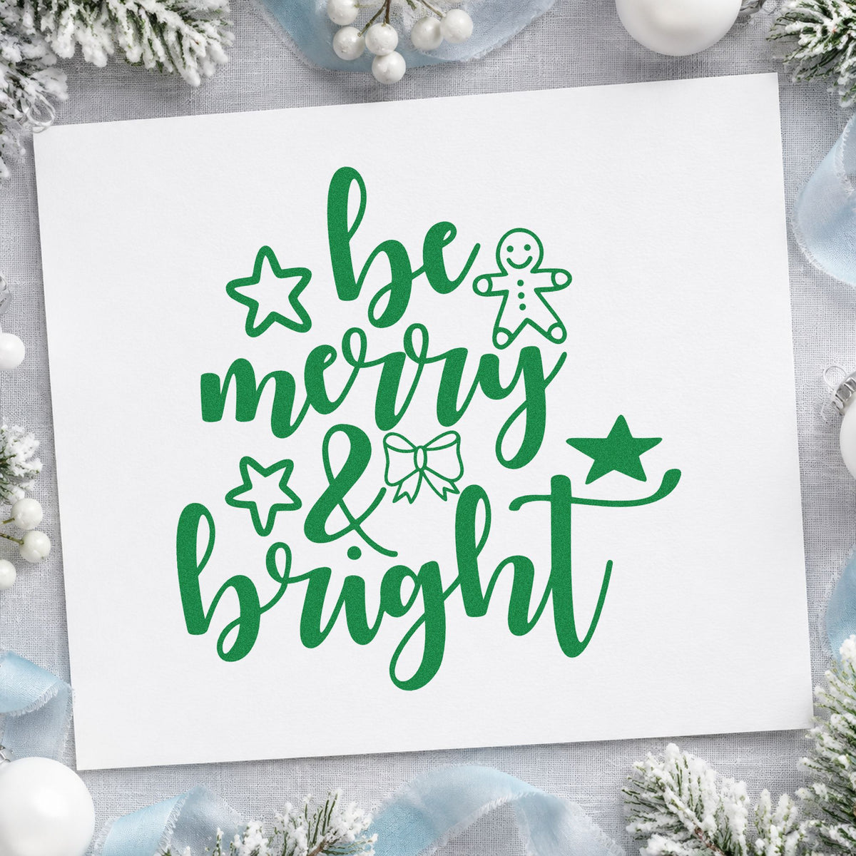 Be Merry And Bright Gingerbread craft stamp imprint in green ink on a handmade project, one idea being kit box gift tags.