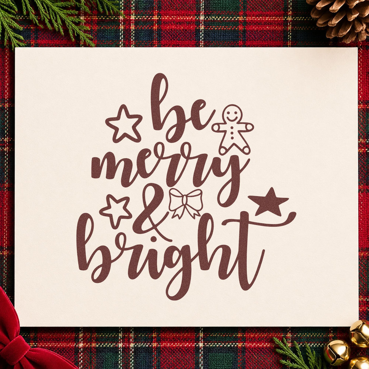Be Merry And Bright Gingerbread rubber stamp printed in brown ink, ready for build plan sheet and similar paper crafts.