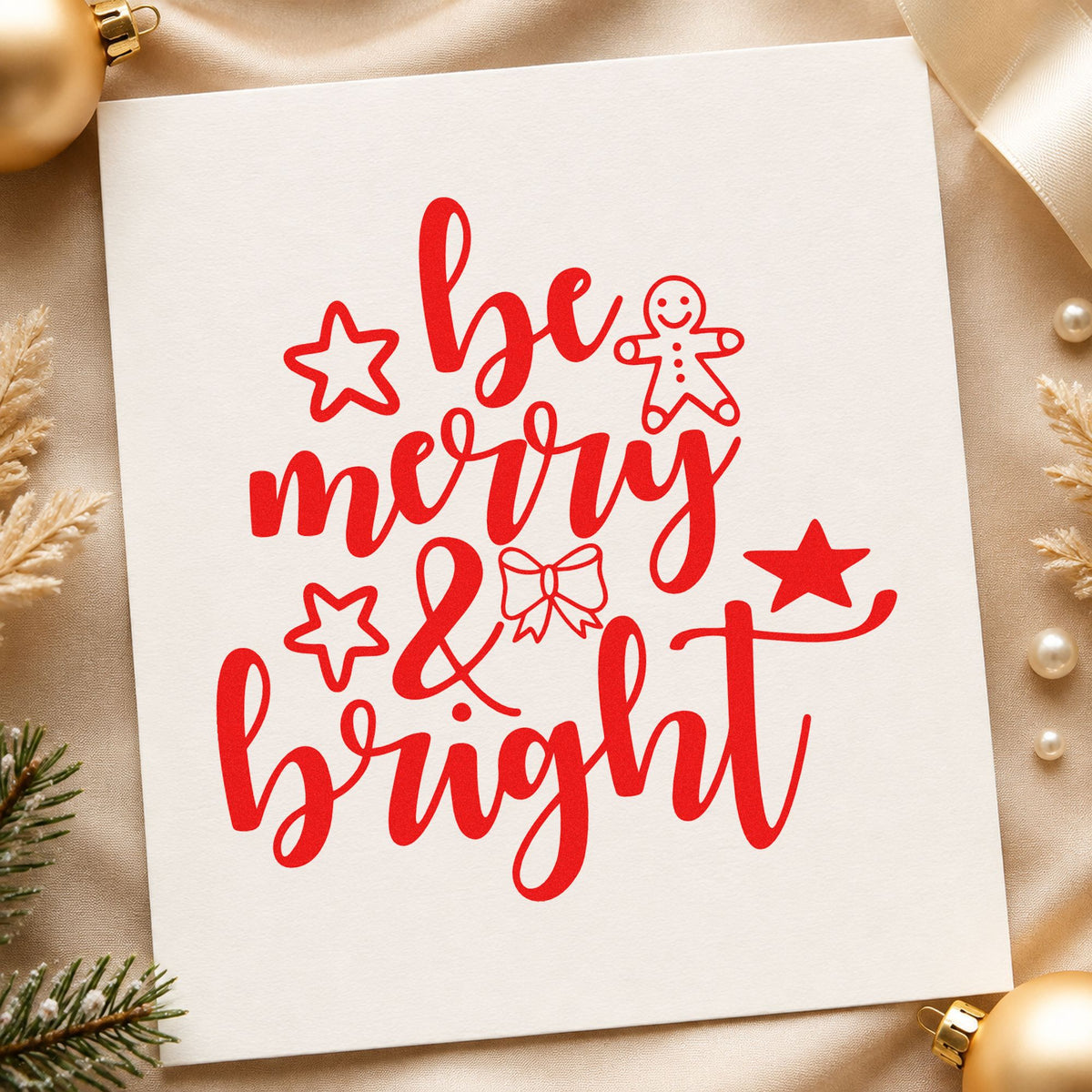 Be Merry And Bright Gingerbread craft stamp in red ink on cardstock, an easy option for table cloth printing.