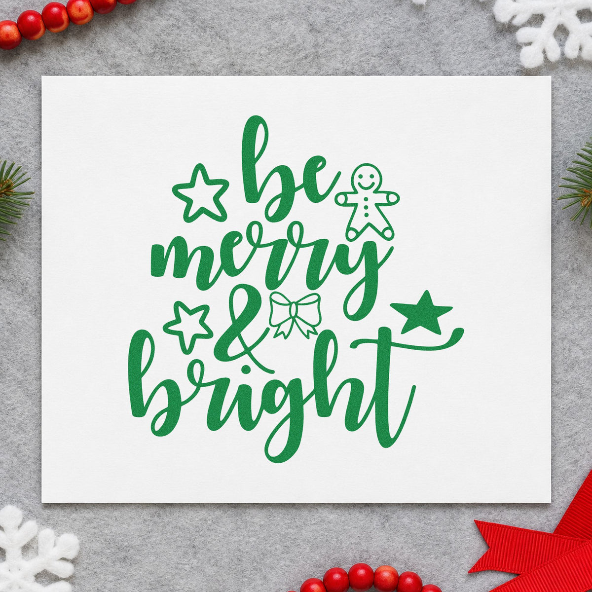 Be Merry And Bright Gingerbread craft stamp imprinted in green ink on paper, a design suited to framed baking corner.
