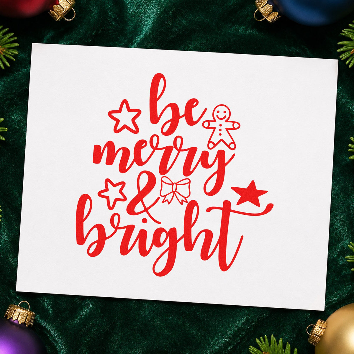 Be Merry And Bright Gingerbread rubber stamp shown in red ink, stamped for projects such as icing bag labels.