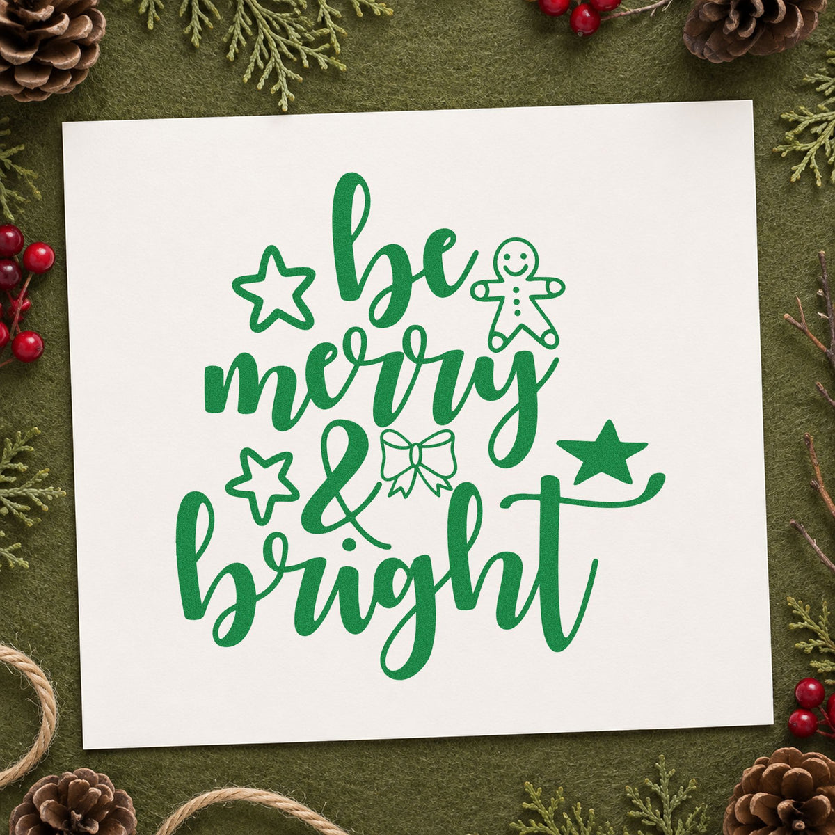 Be Merry And Bright Gingerbread craft stamp imprint in green ink on a handmade project, one idea being contest entry cards.