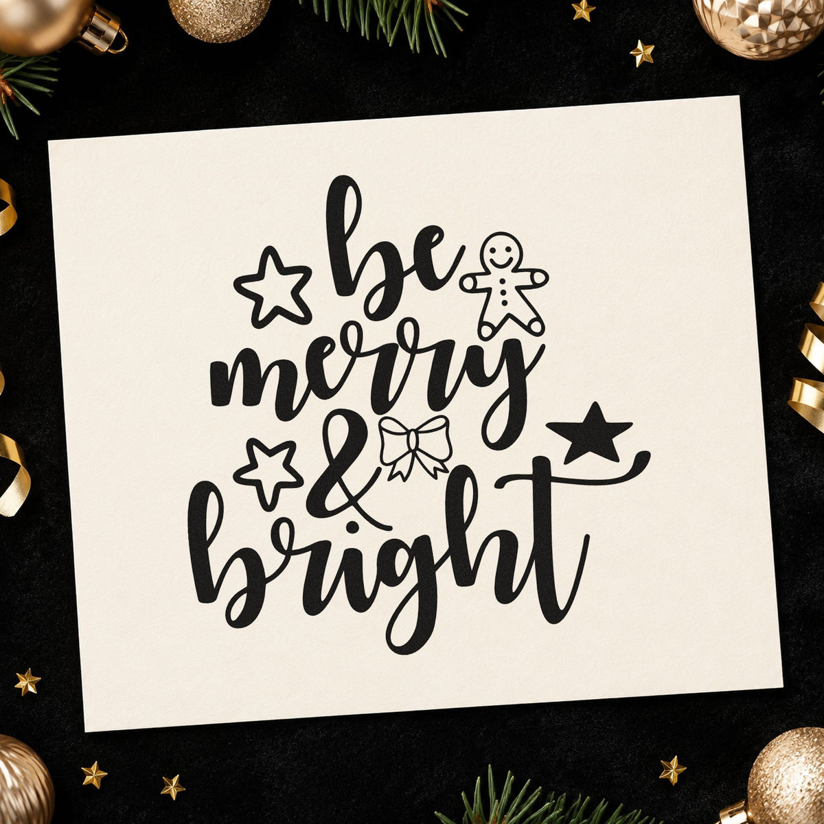 Be Merry And Bright Gingerbread rubber stamp printed in black ink, ready for gingerbread bow cards and similar paper crafts.