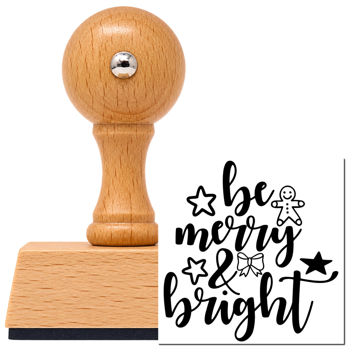 Vintage Pro beech wood stamp with a round knob handle, shown with its black Be Merry And Bright Gingerbread imprint on white.