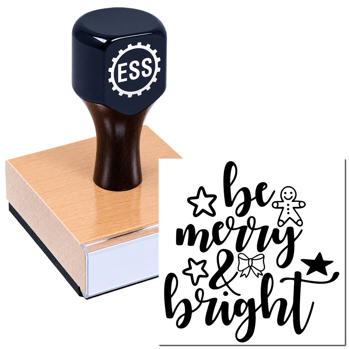 Dark blue ESS stamp and seal on pink block, with black "be merry & bright" design, stars and gingerbread accents.