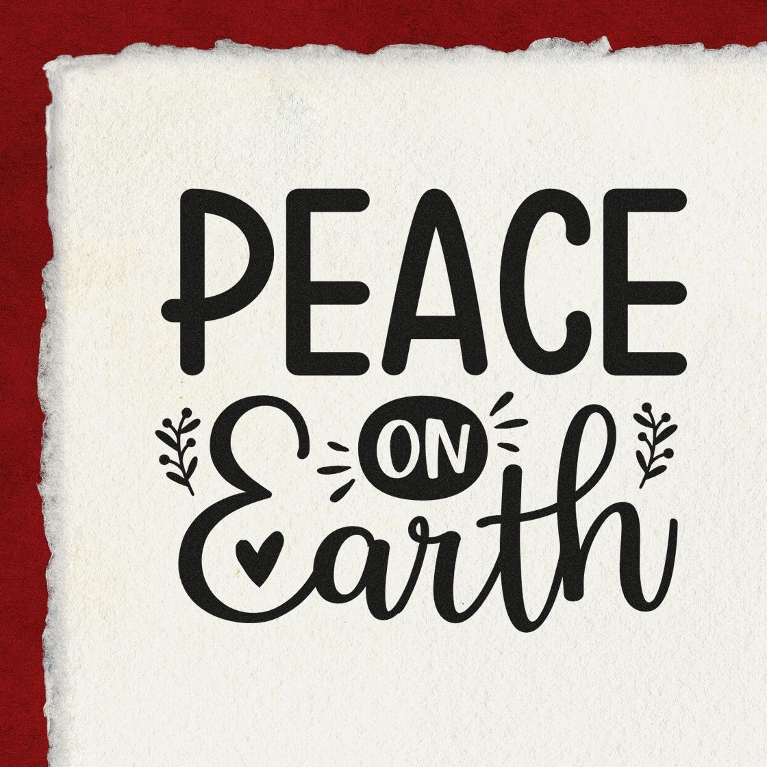Black PEACE ON Earth stamp and seal on white textured paper, with heart and leaf accents, against a deep red background.