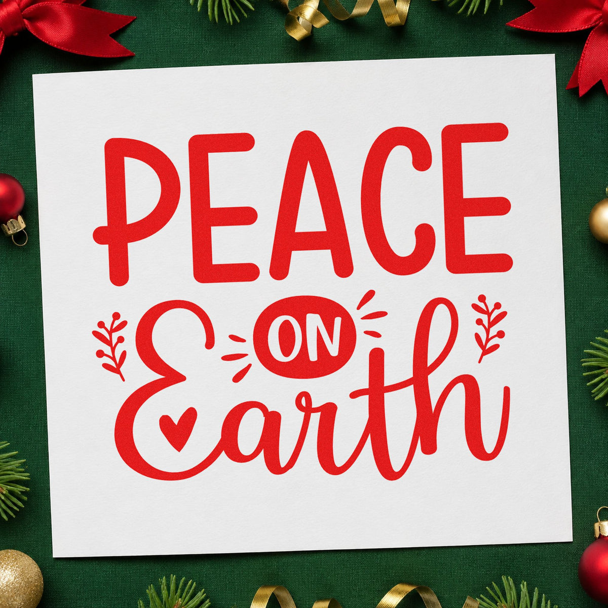 Peace On Earth Heart rubber stamp shown in red ink, stamped for projects such as mail tray labels.