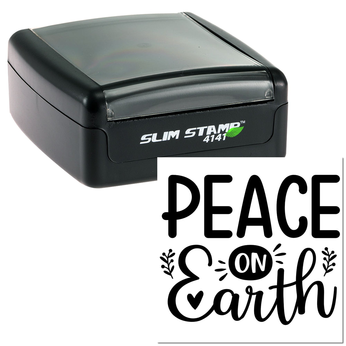 Black slim self-inking stamp and seal set with PEACE ON Earth design in bold black lettering.
