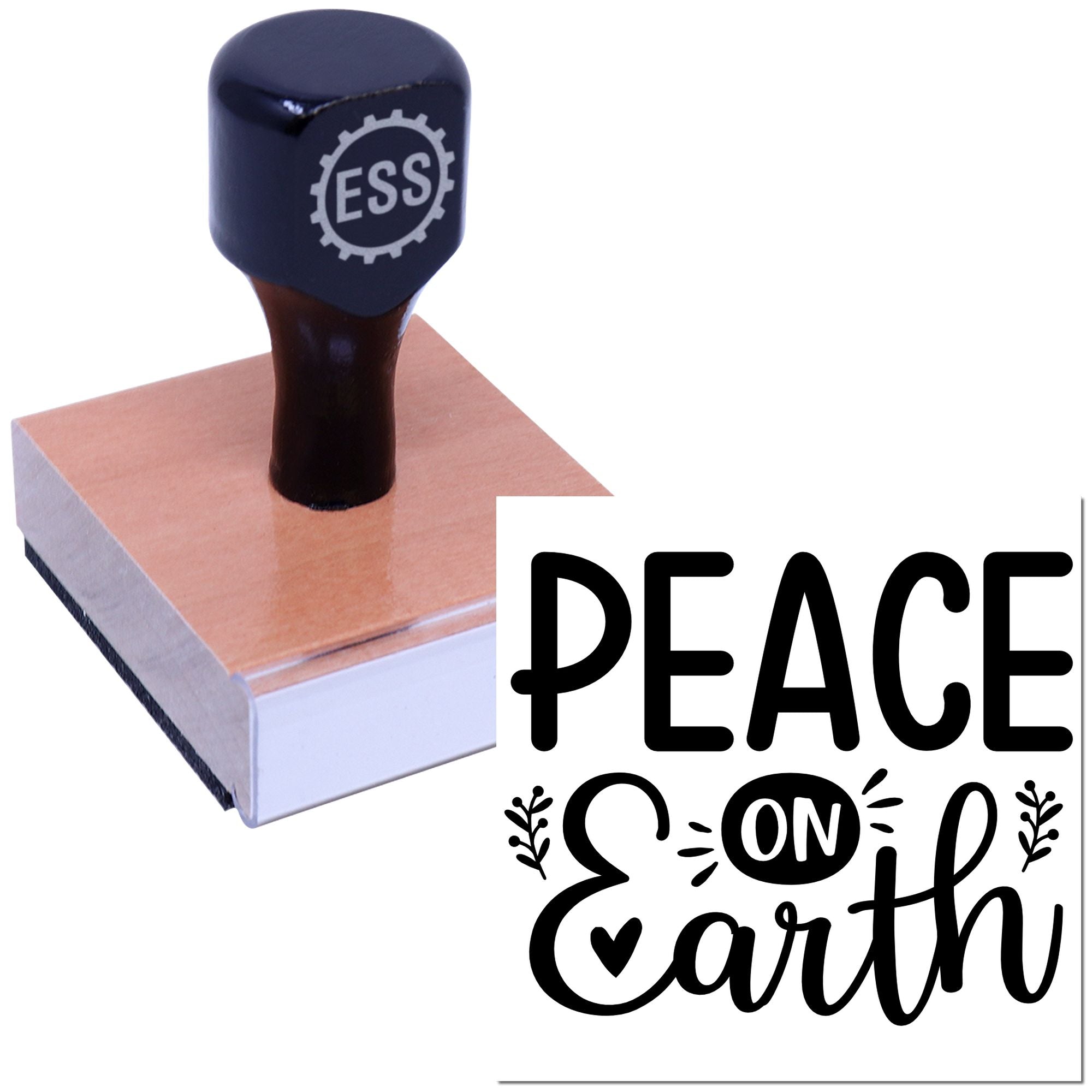 Black ESS rubber stamp and seal on wooden block with copper-toned base, stamped Peace on Earth design.
