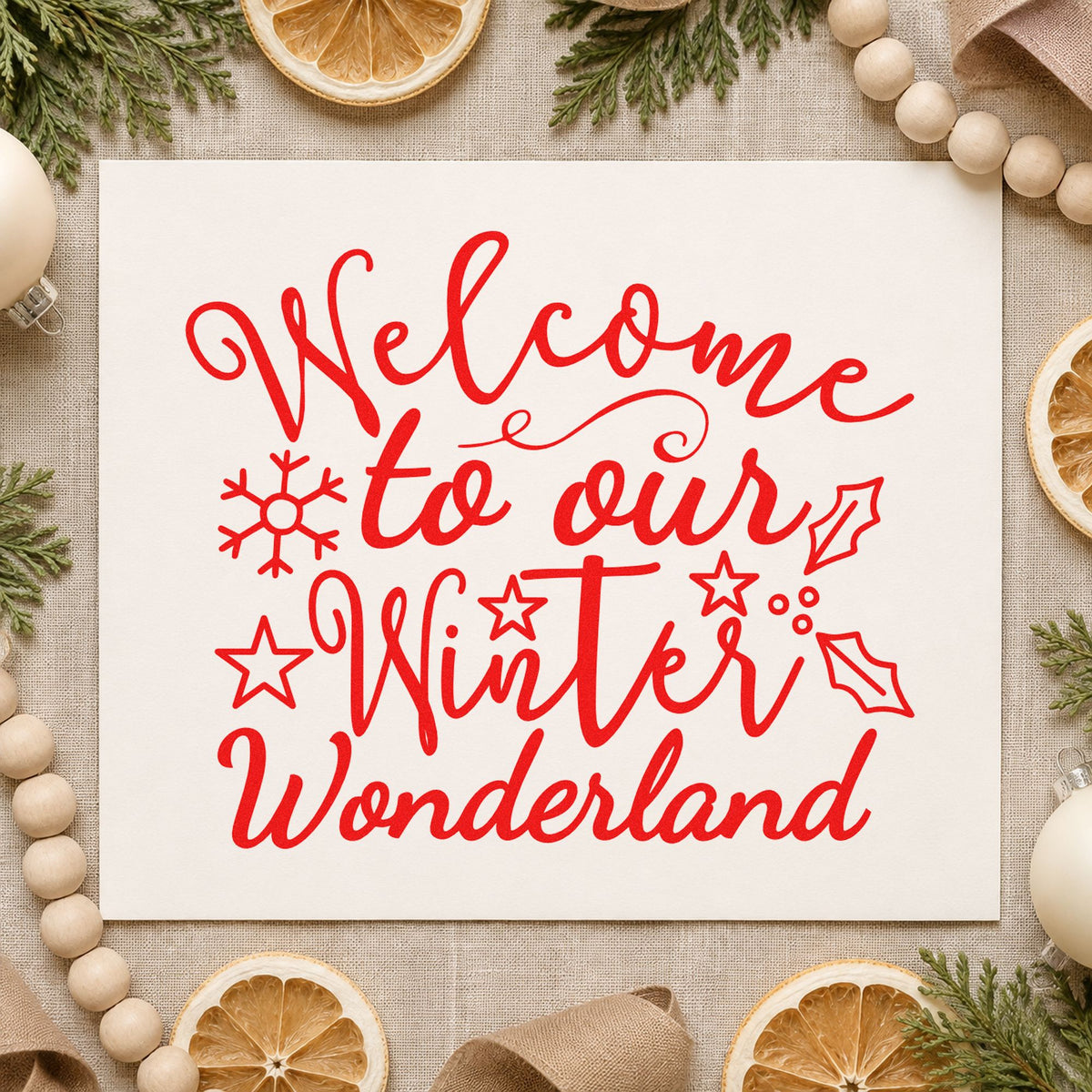 Welcome Winter Wonderland craft stamp in red ink on cardstock, an easy option for door banner printing.