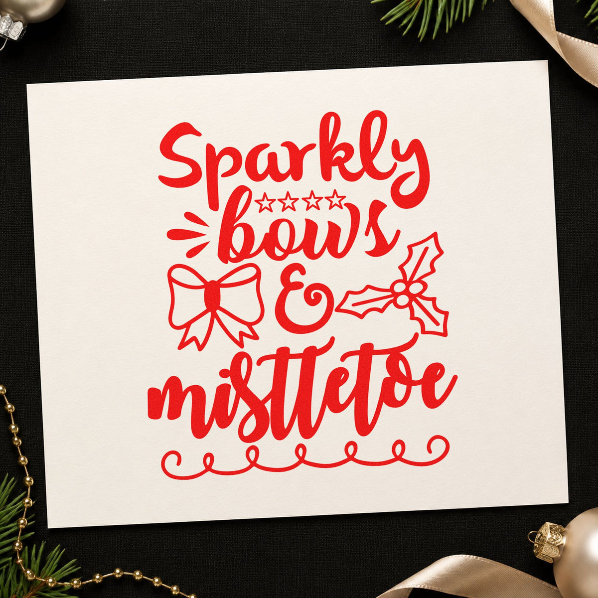Sparkly Bows And Mistletoe craft stamp in red ink on cardstock, an easy option for tulle bow printing.