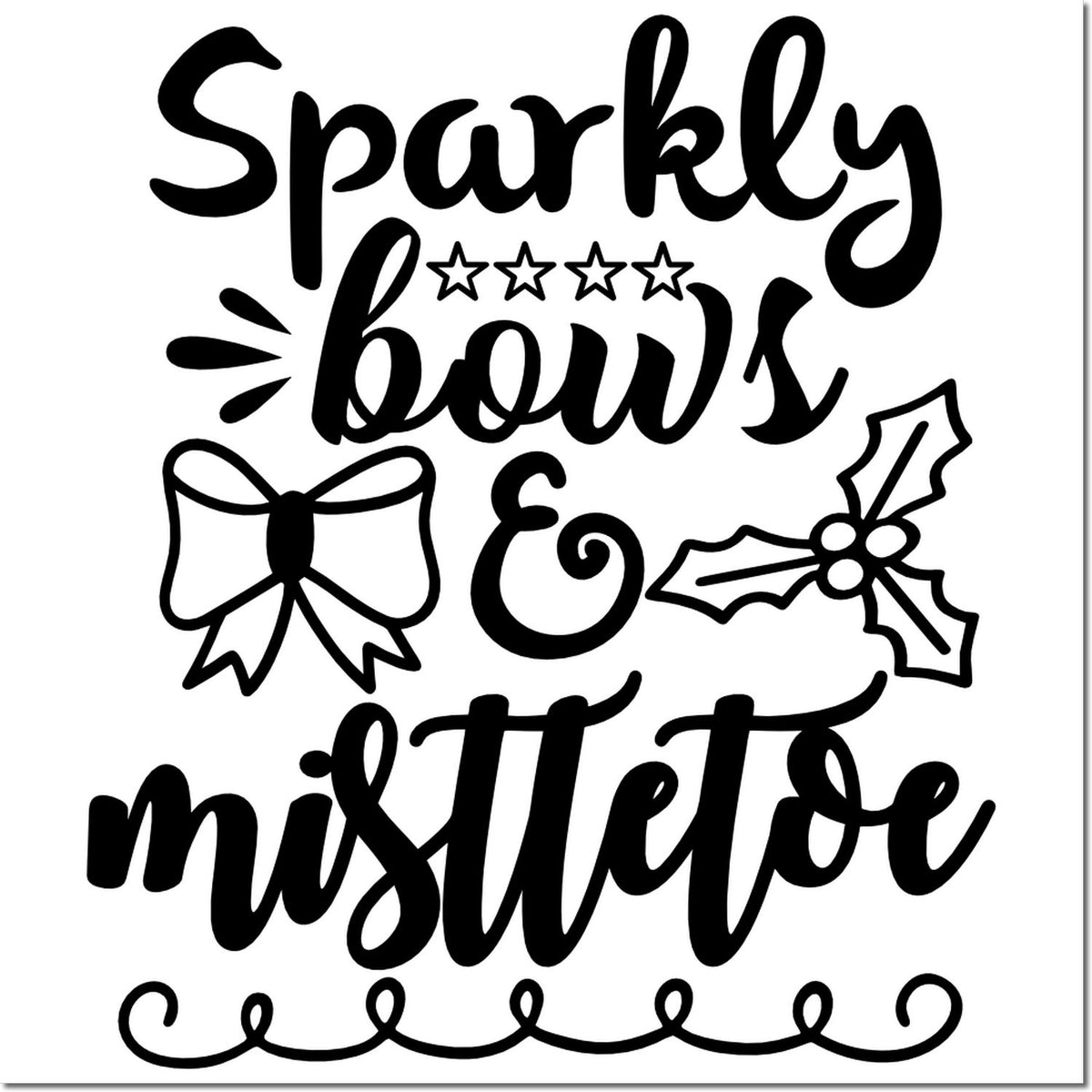 Black sparkly bows and mistletoe stamp/seal design with bow, stars, holly, and swirled script on white.