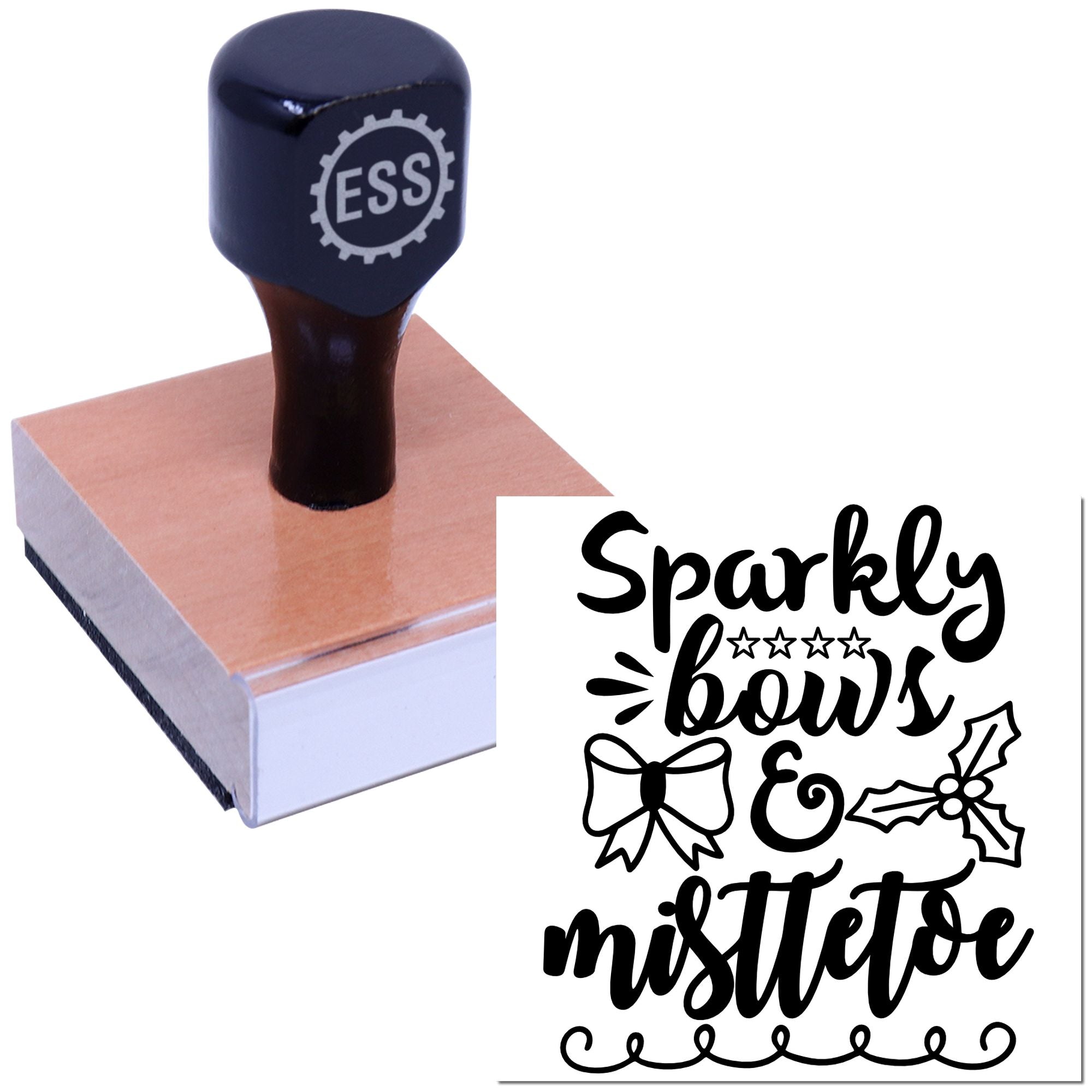 Black ESS stamp on a wood block beside a festive seal design reading Sparkly bows & mistletoe with bow and holly accents.