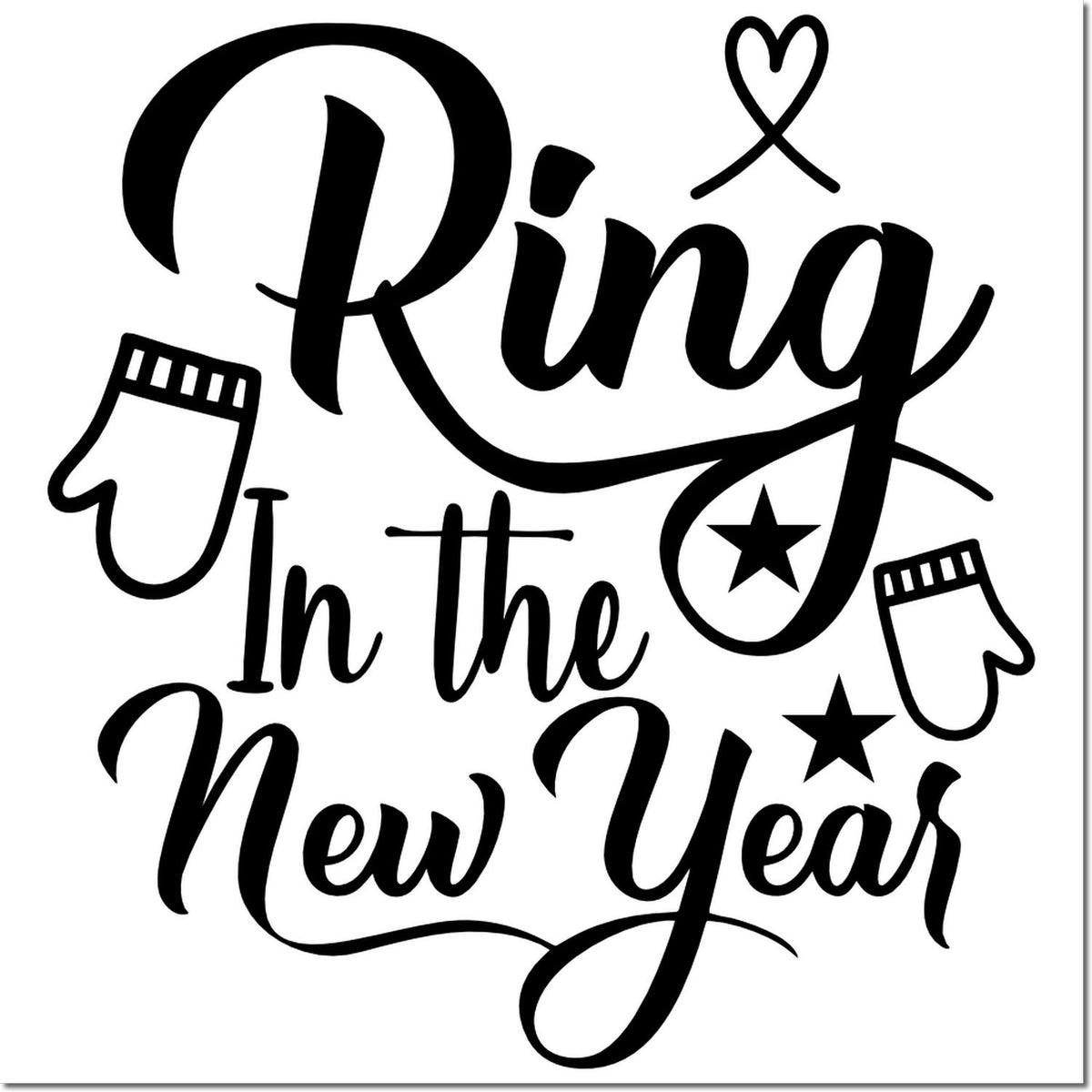 Black New Year stamp seal with Ring In the New Year script, mitten icons, stars, and heart on white.