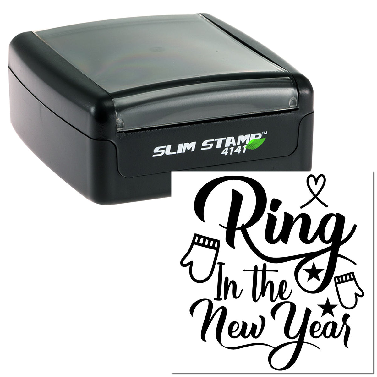 Black Slim Stamp 4141 with clear top and custom seal design reading Ring in the New Year, with stars and mitten icons.