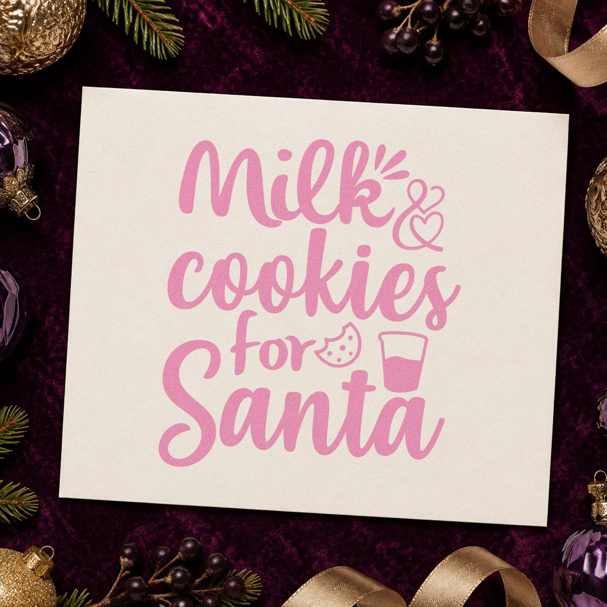 Milk And Cookies For Santa craft stamp in purple ink on cardstock, an easy option for snack setup album.