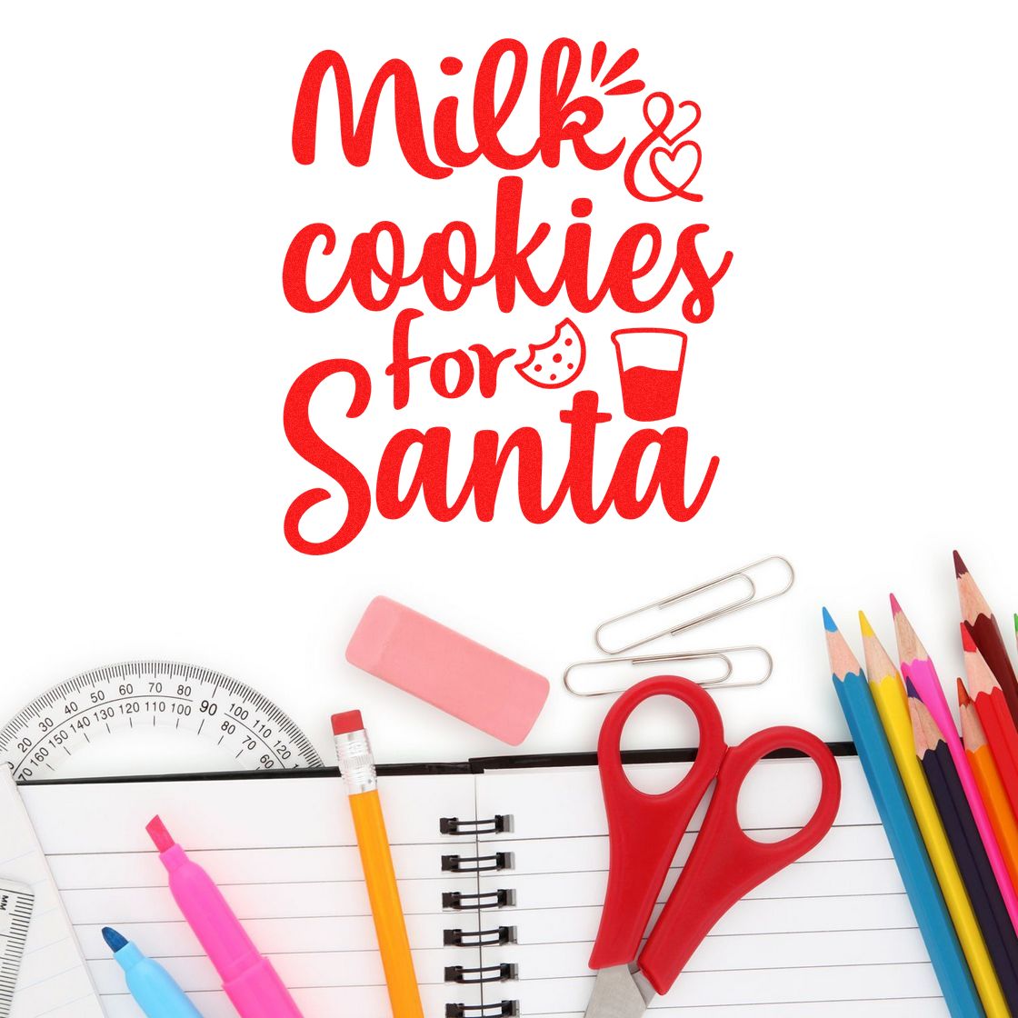 Red Milk & cookies for Santa stamp/seal design with cookie and milk icons on white, surrounded by school supplies.