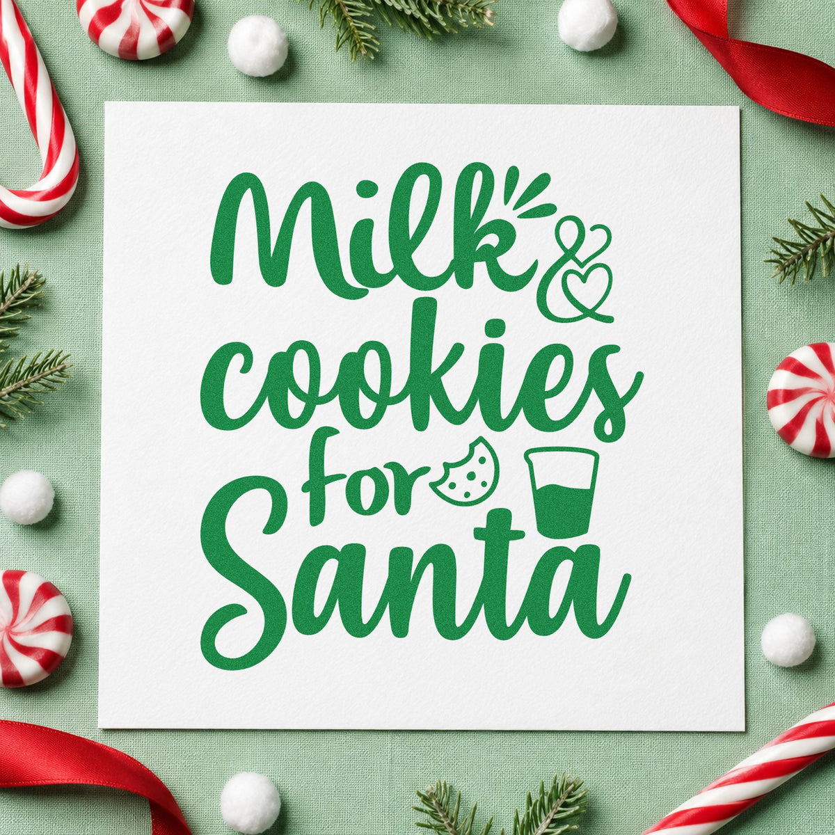 Milk And Cookies For Santa craft stamp imprint in green ink on a handmade project, one idea being bottle cap gift tags.